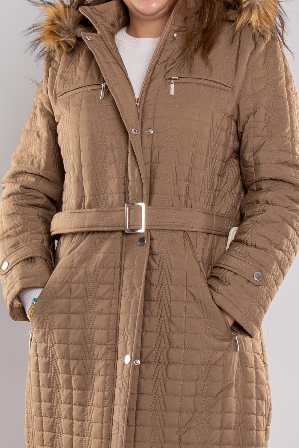 1078 Büyük Beden Kemerli Zigzag Desen Kapüşonlu Uzun Kadın Mont