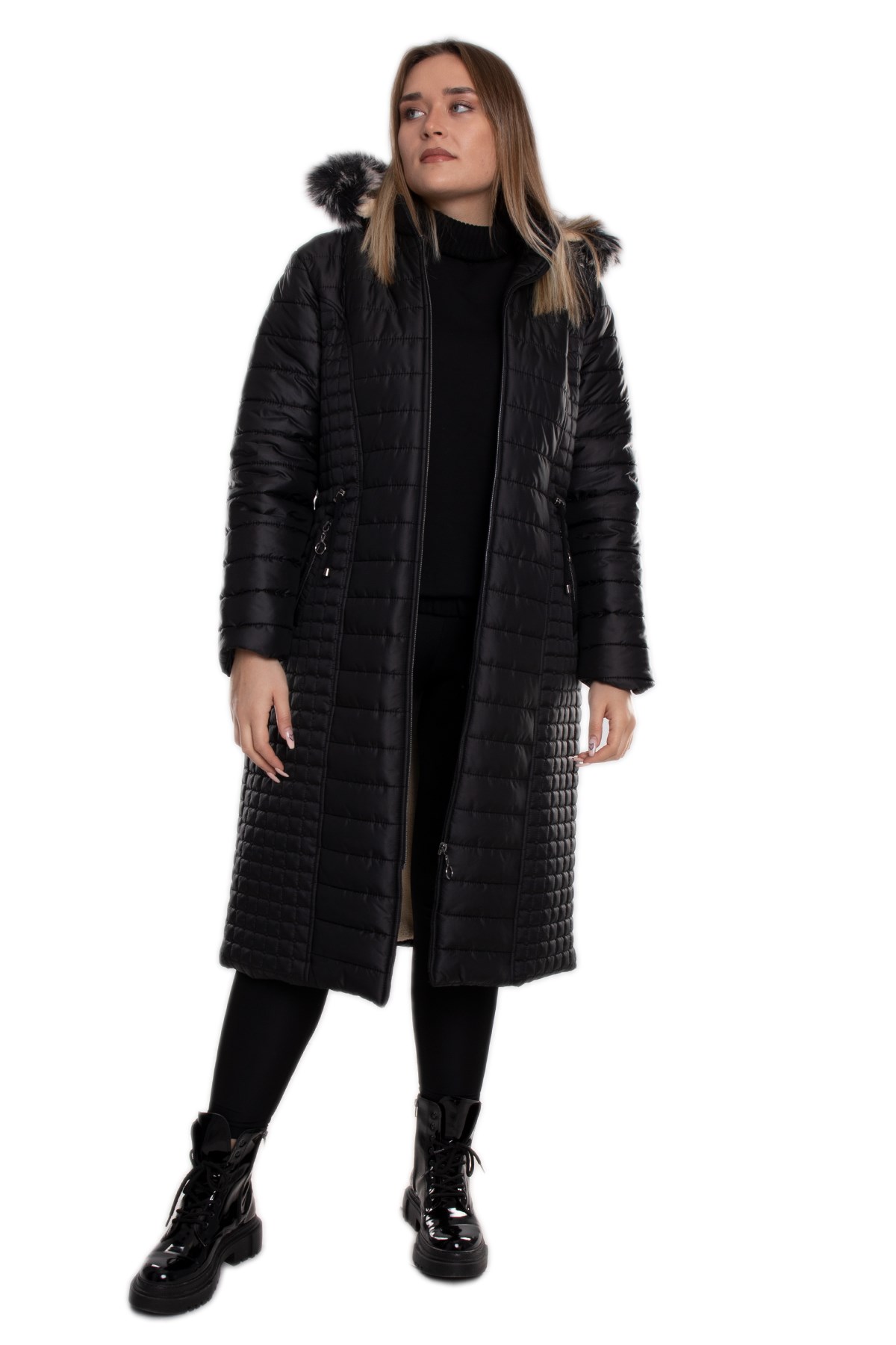1082 Büyük Beden Beli Bağcıklı İçi Kapüşonu Kürklü Uzun Kadın Mont