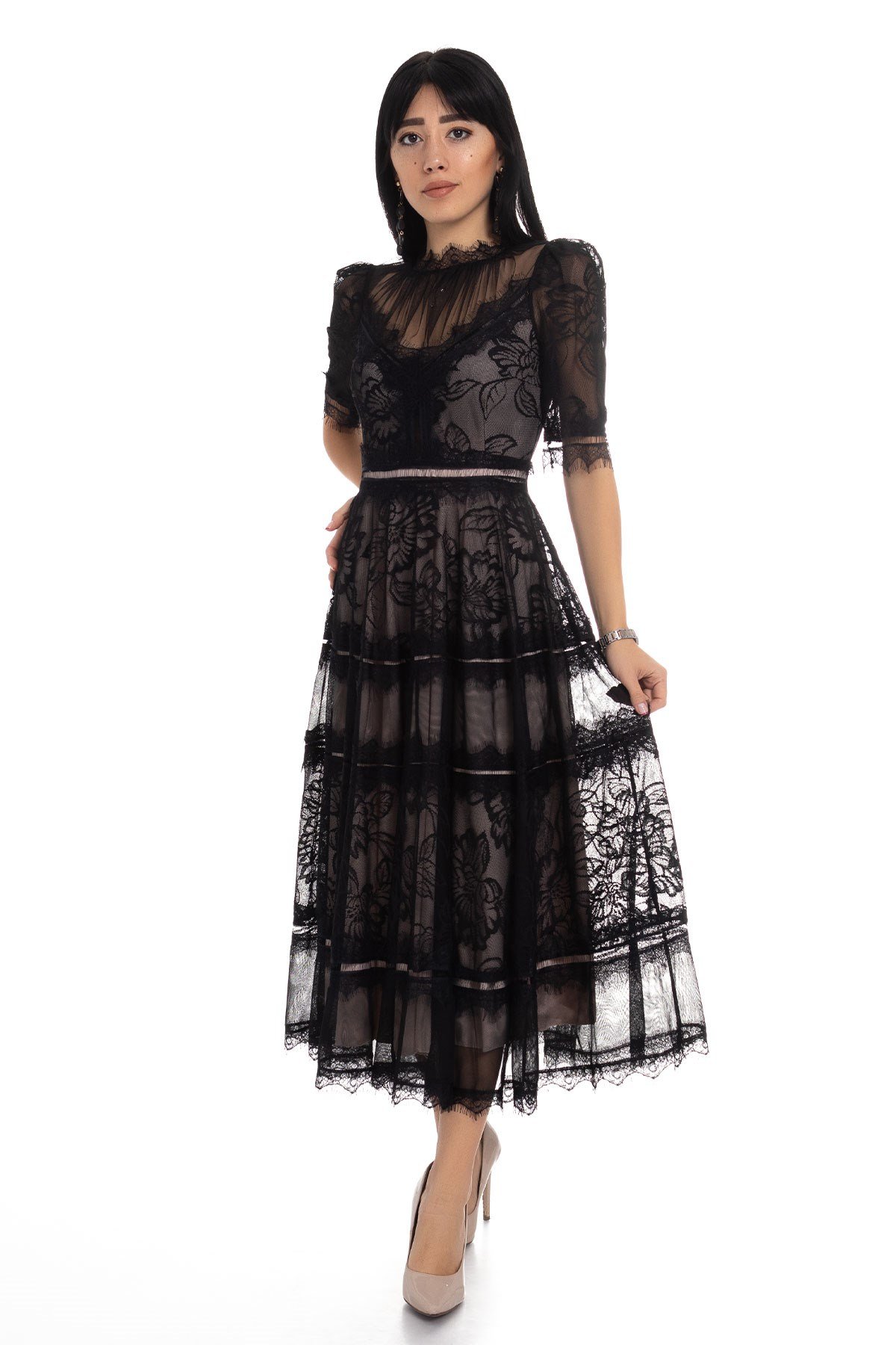 1101 KB KısaKol Astarlı Midiboy Elbise