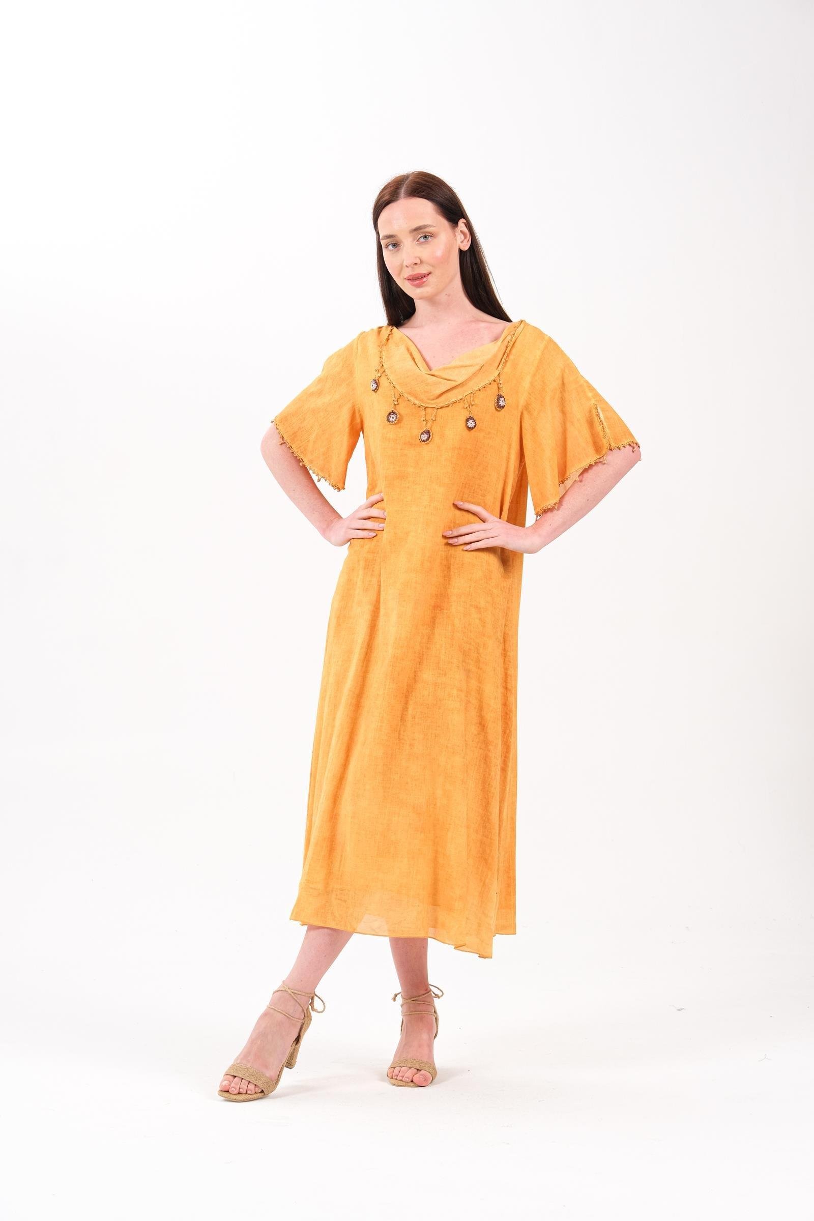 118 Büyük Beden Oya İşlemeli Degaje Yaka Pamuk Otantik Elbise