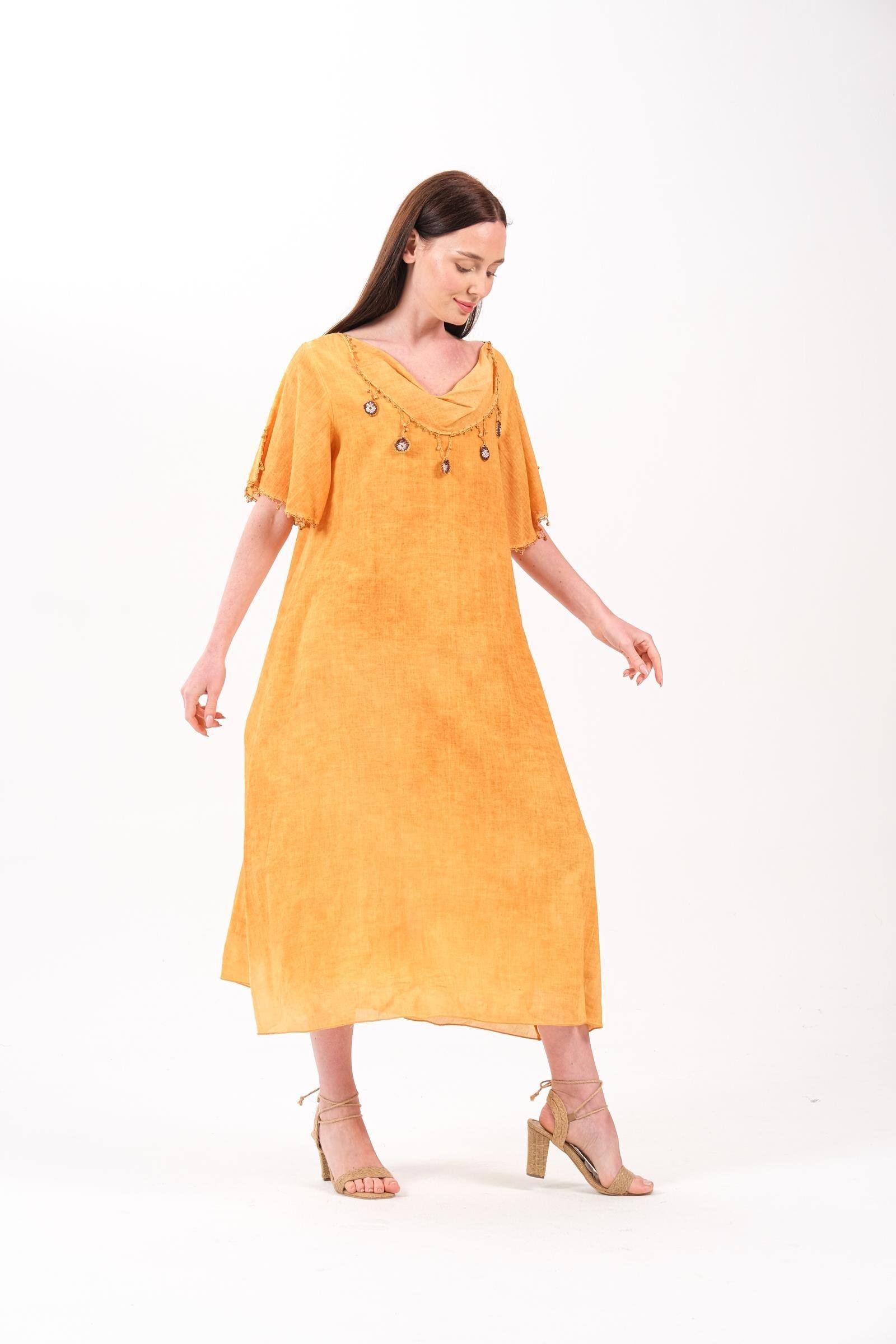 118 Büyük Beden Oya İşlemeli Degaje Yaka Pamuk Otantik Elbise