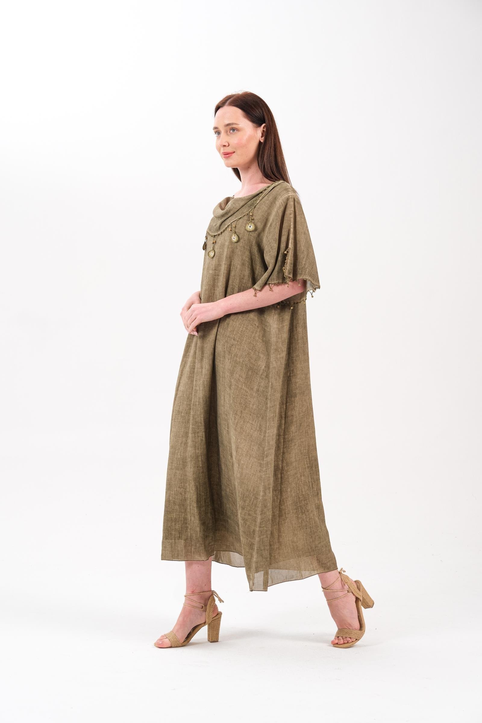 118 Büyük Beden Oya İşlemeli Degaje Yaka Pamuk Otantik Elbise