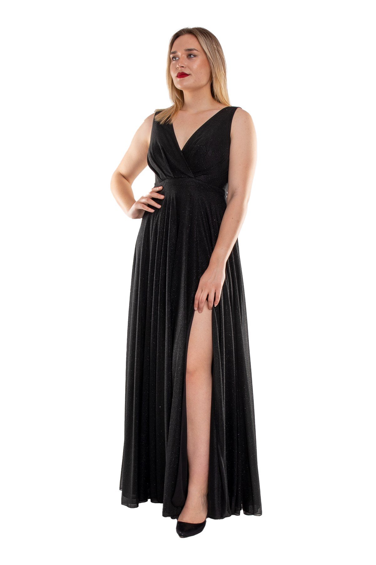 1182 Büyük Beden Kendinden Simli Önü Yırtmaçlı Tül Elbise