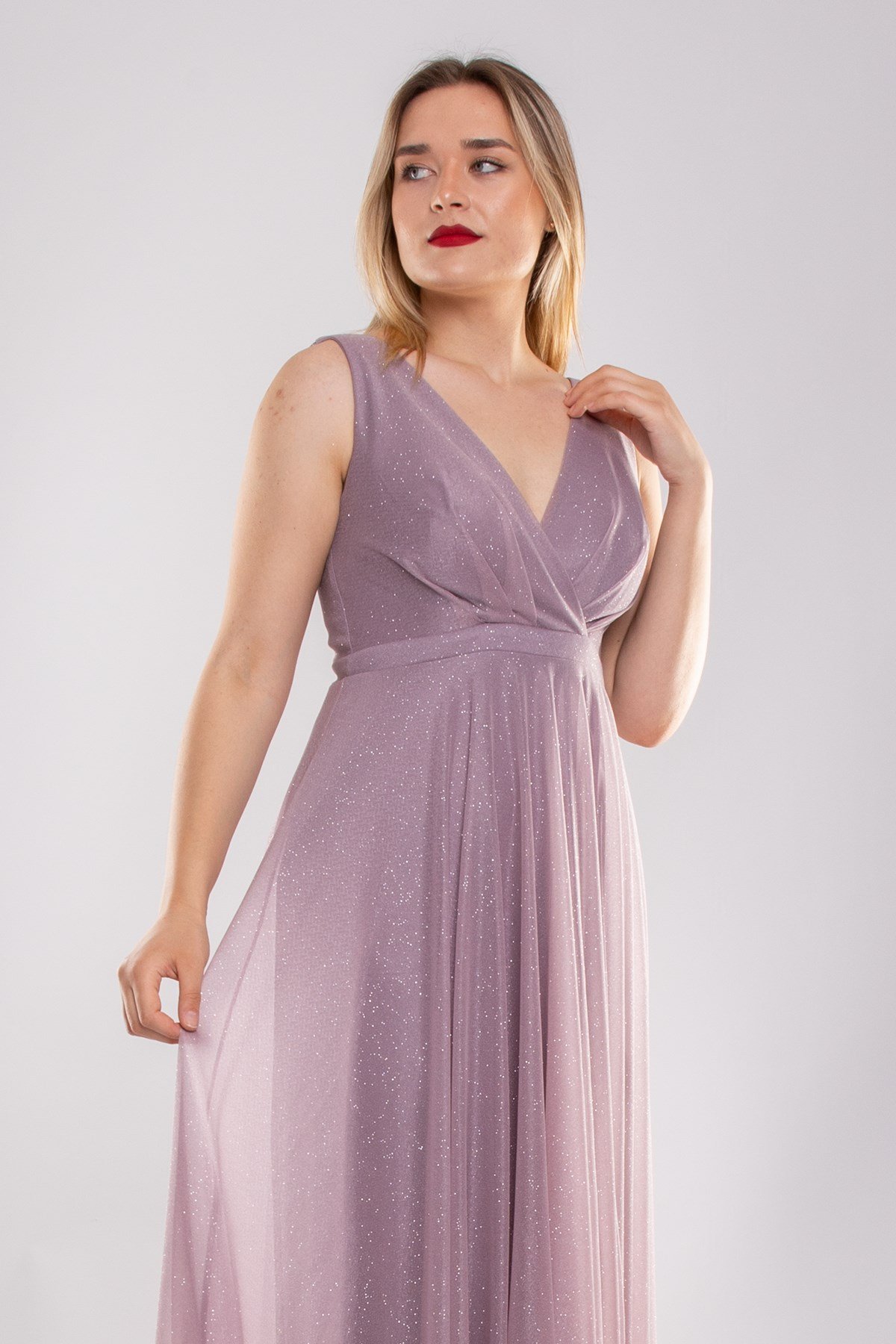 1182 Büyük Beden Kendinden Simli Önü Yırtmaçlı Tül Elbise