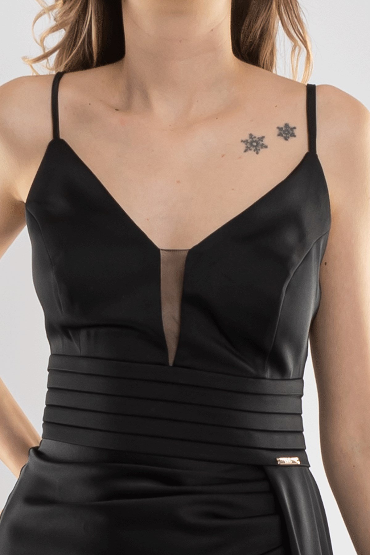 1196 İp Askı Yanı Drape Beli Pileli Uzun Saten Elbise