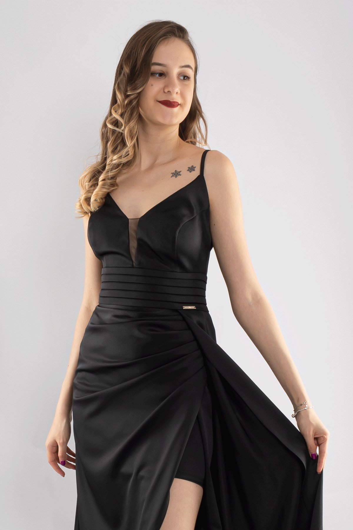 1196 İp Askı Yanı Drape Beli Pileli Uzun Saten Elbise