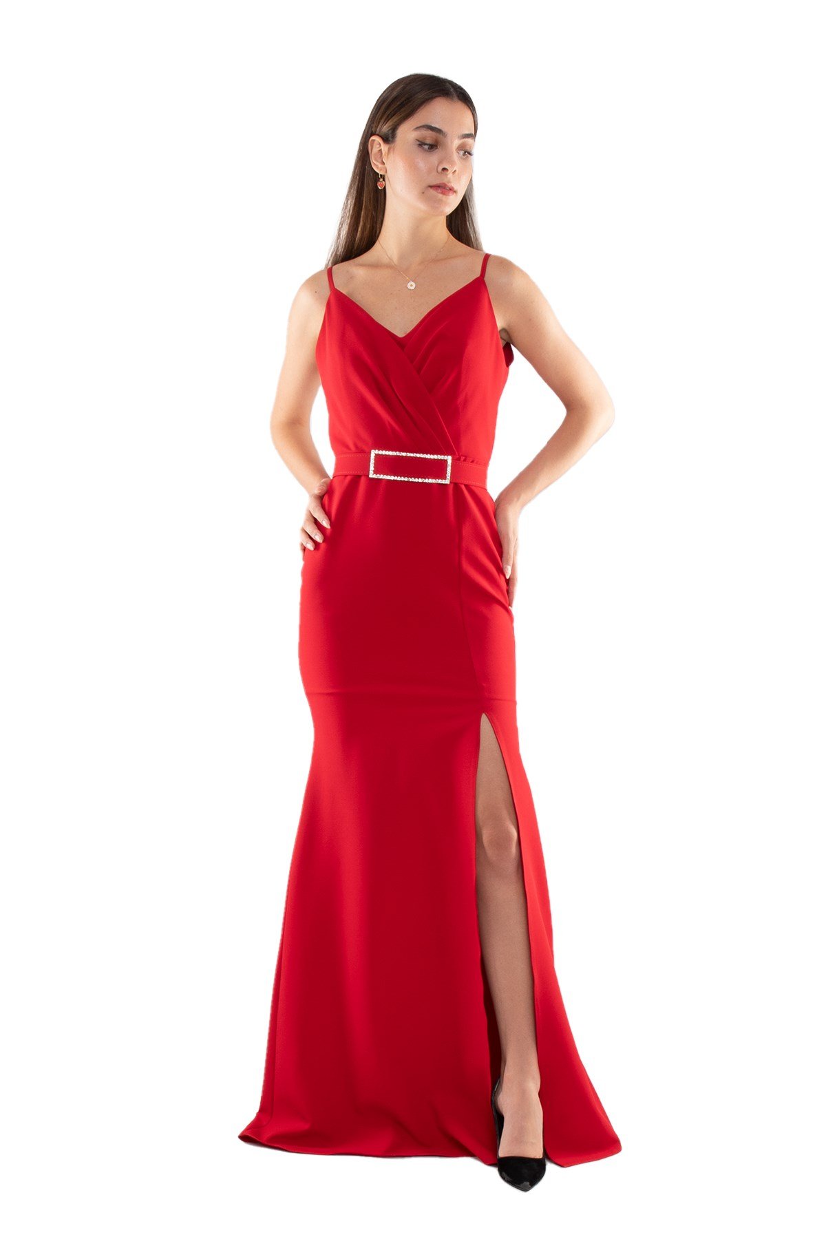 1197 İp Askılı Yırtmaçlı Kemerli Balık Model Krep Elbise