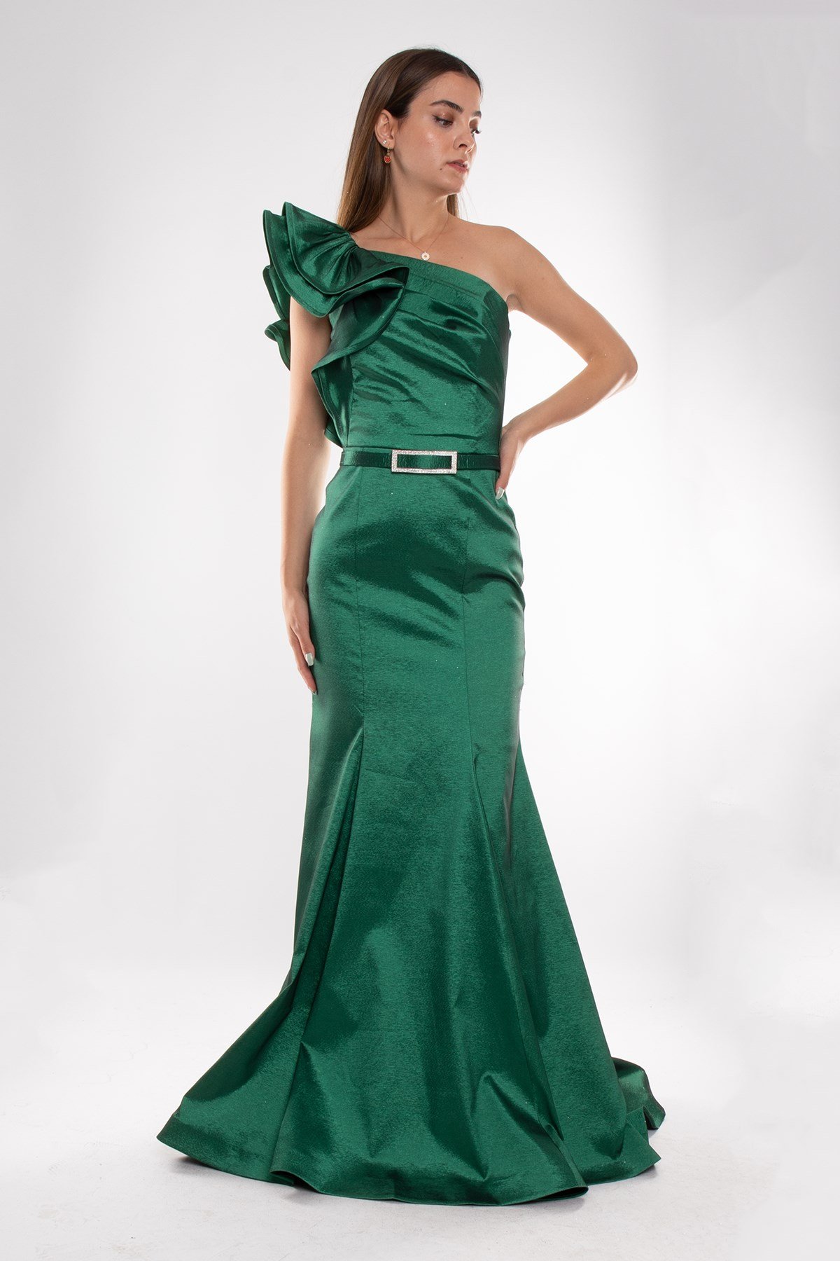 1199 Tek Omuz Kemerli Önü Drapeli Balık Elbise