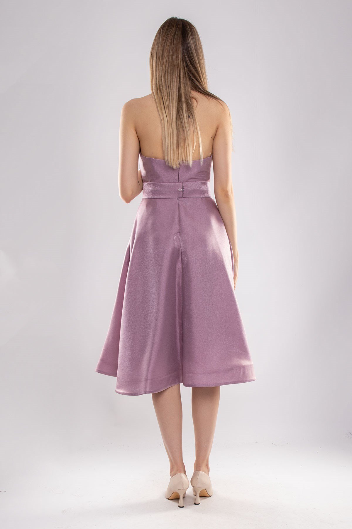 1211 Straplez Kemerli Ve Cepli Çan Etek Jakar Midiboy Elbise