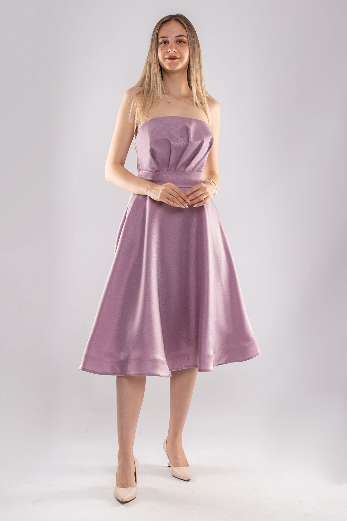 1211 Straplez Kemerli Ve Cepli Çan Etek Jakar Midiboy Elbise