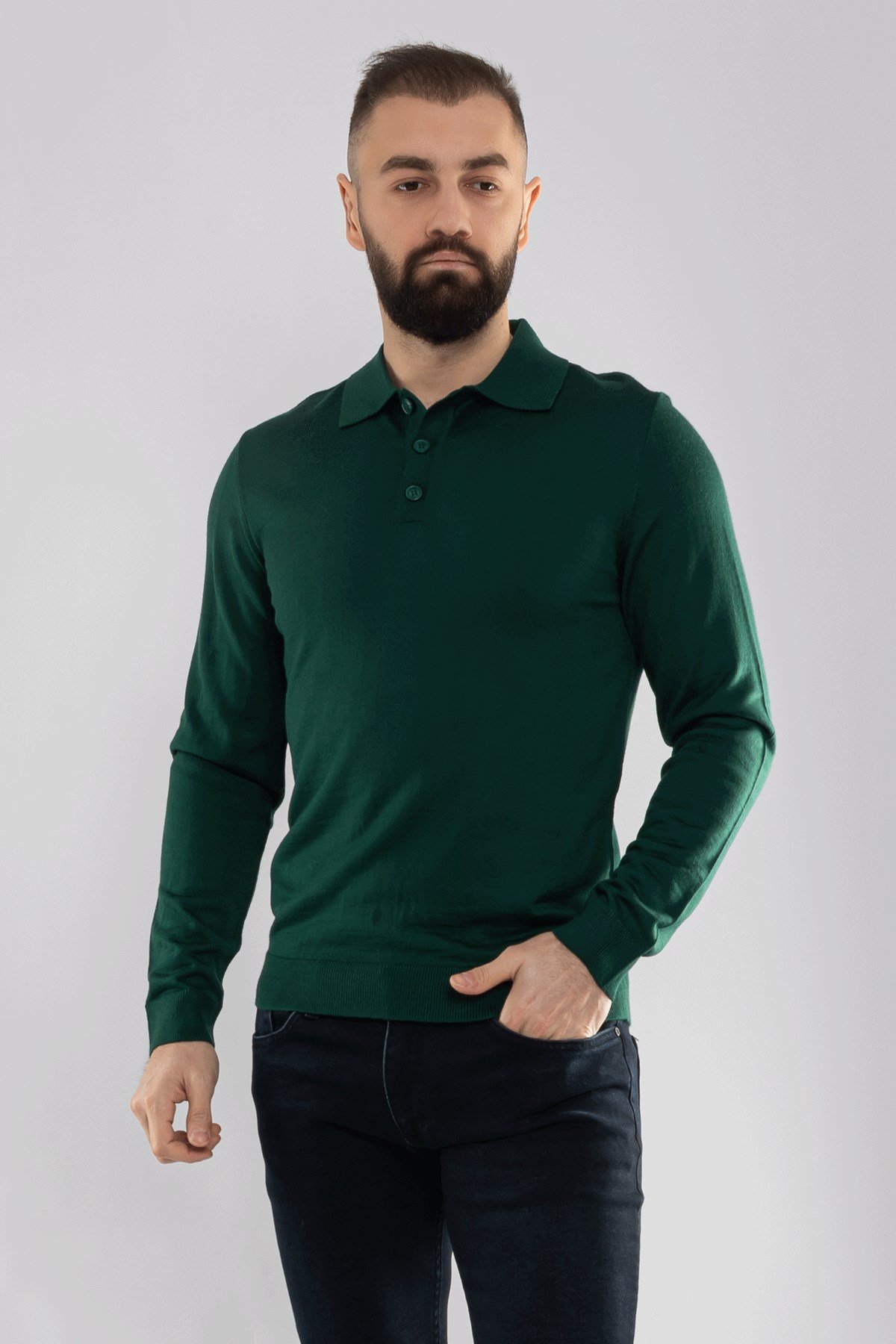 12120 Polo Yaka Düğmeli Triko Kazak