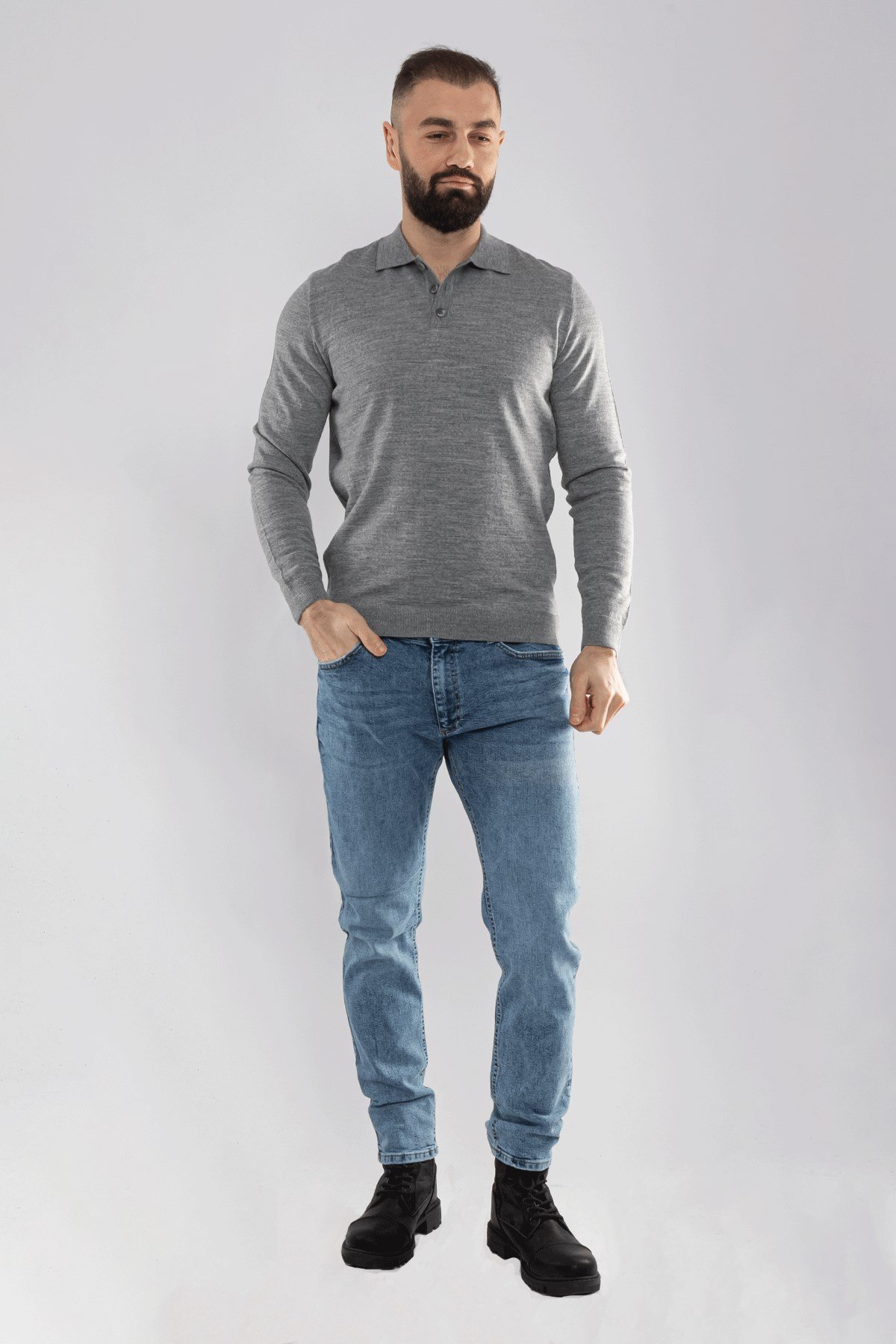 12120 Polo Yaka Düğmeli Triko Kazak