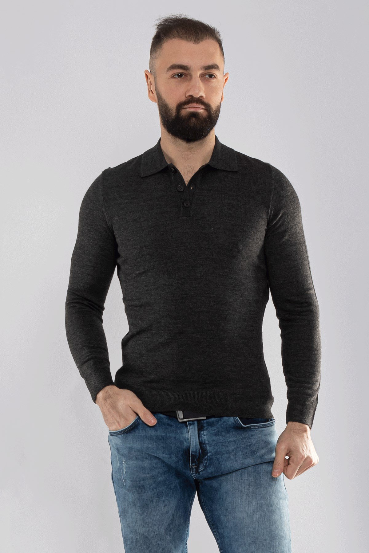 12120 Polo Yaka Düğmeli Triko Kazak