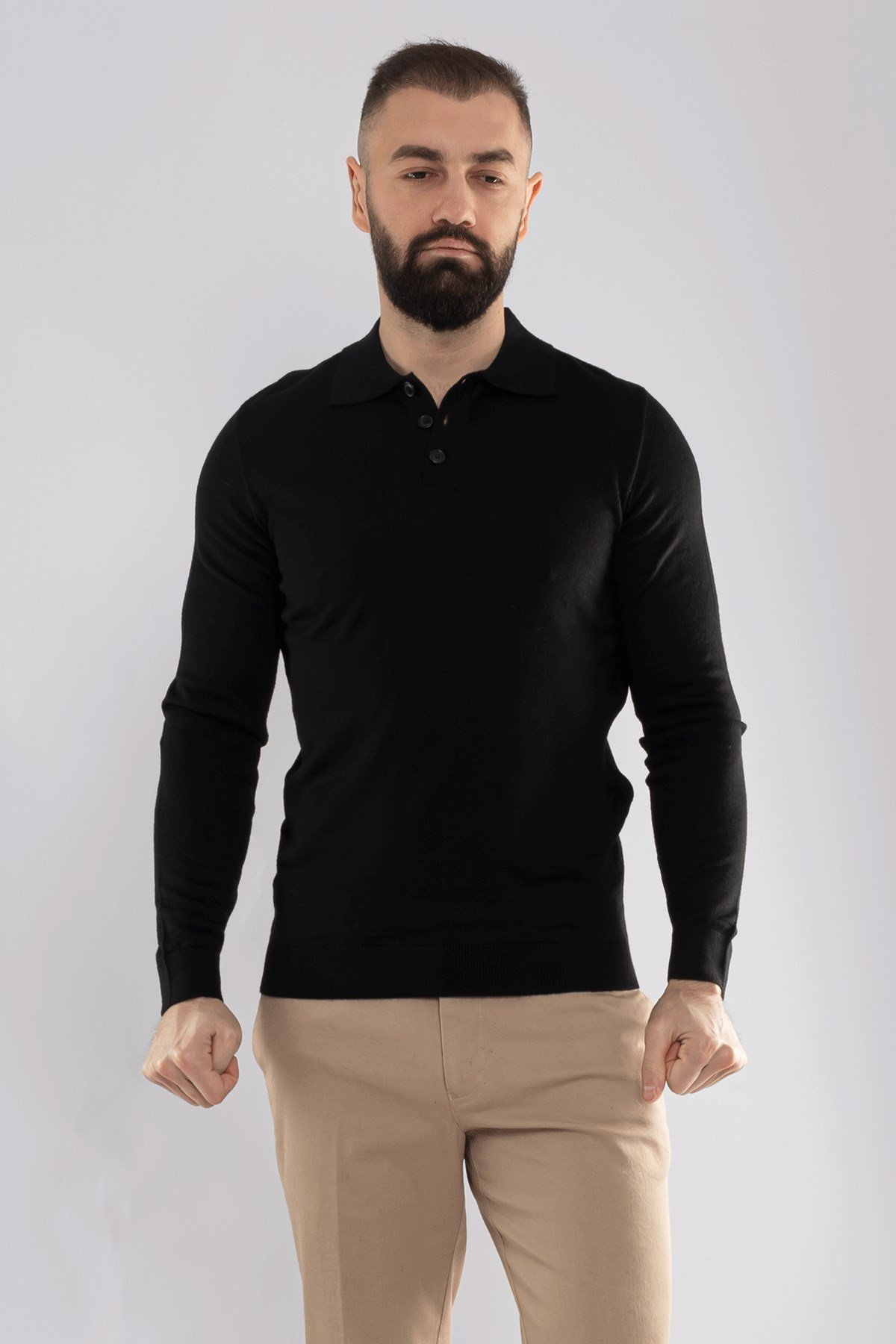 12120 Polo Yaka Düğmeli Triko Kazak