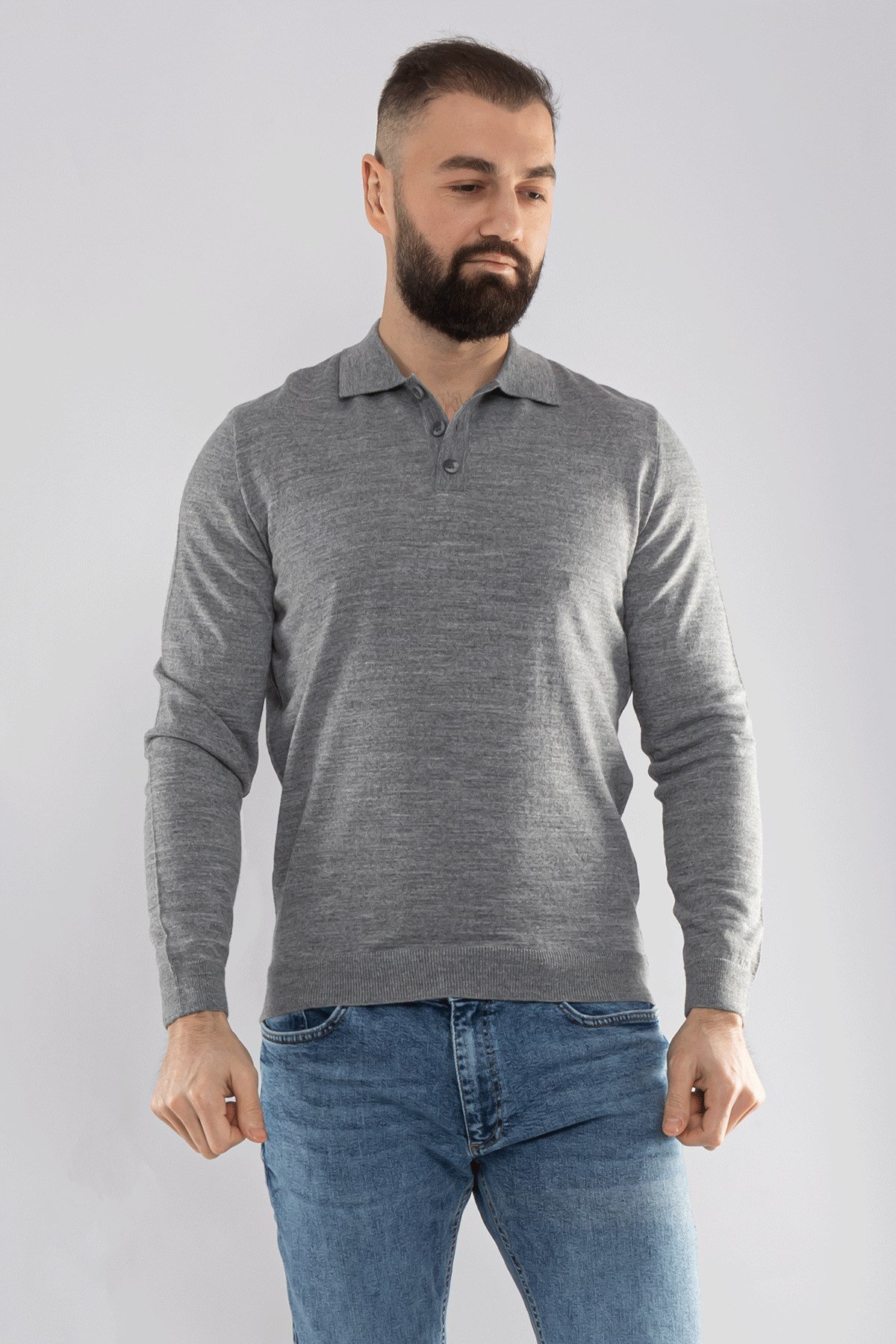 12120 Polo Yaka Düğmeli Triko Kazak