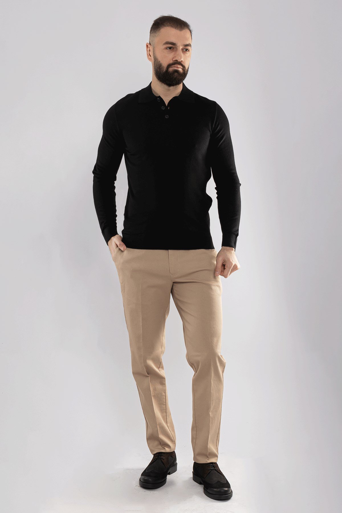 12120 Polo Yaka Düğmeli Triko Kazak