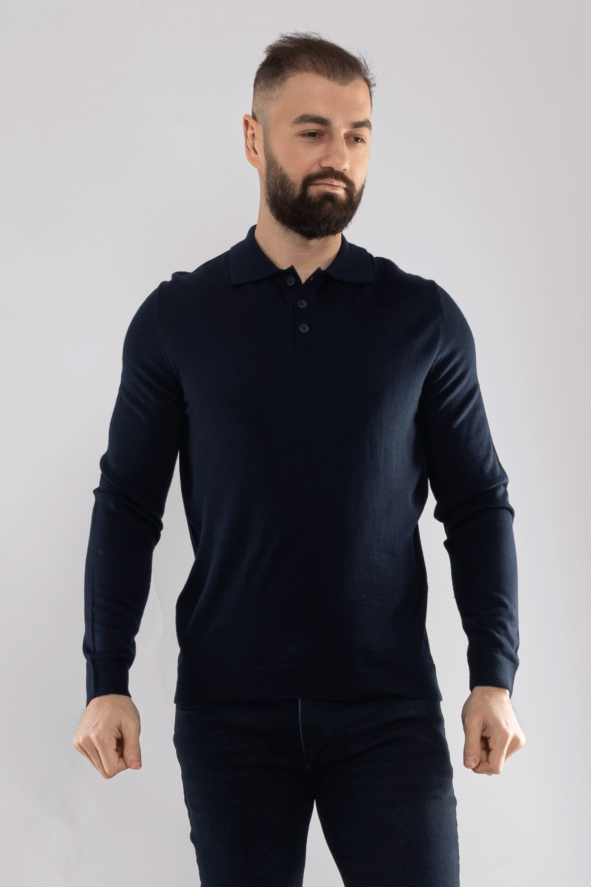 12120 Polo Yaka Düğmeli Triko Kazak