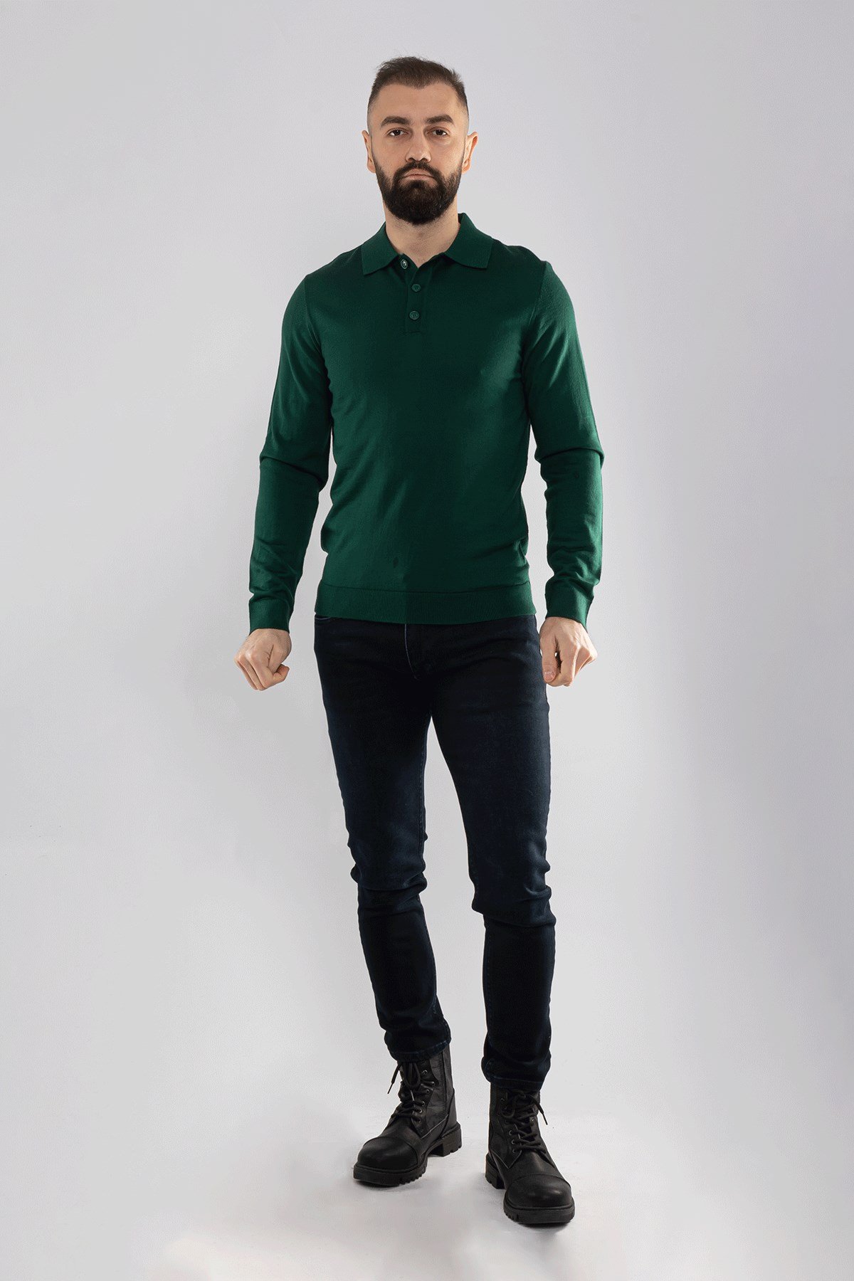 12120 Polo Yaka Düğmeli Triko Kazak