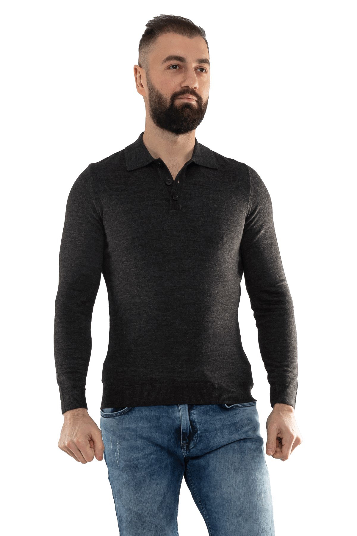 12120 Polo Yaka Düğmeli Triko Kazak