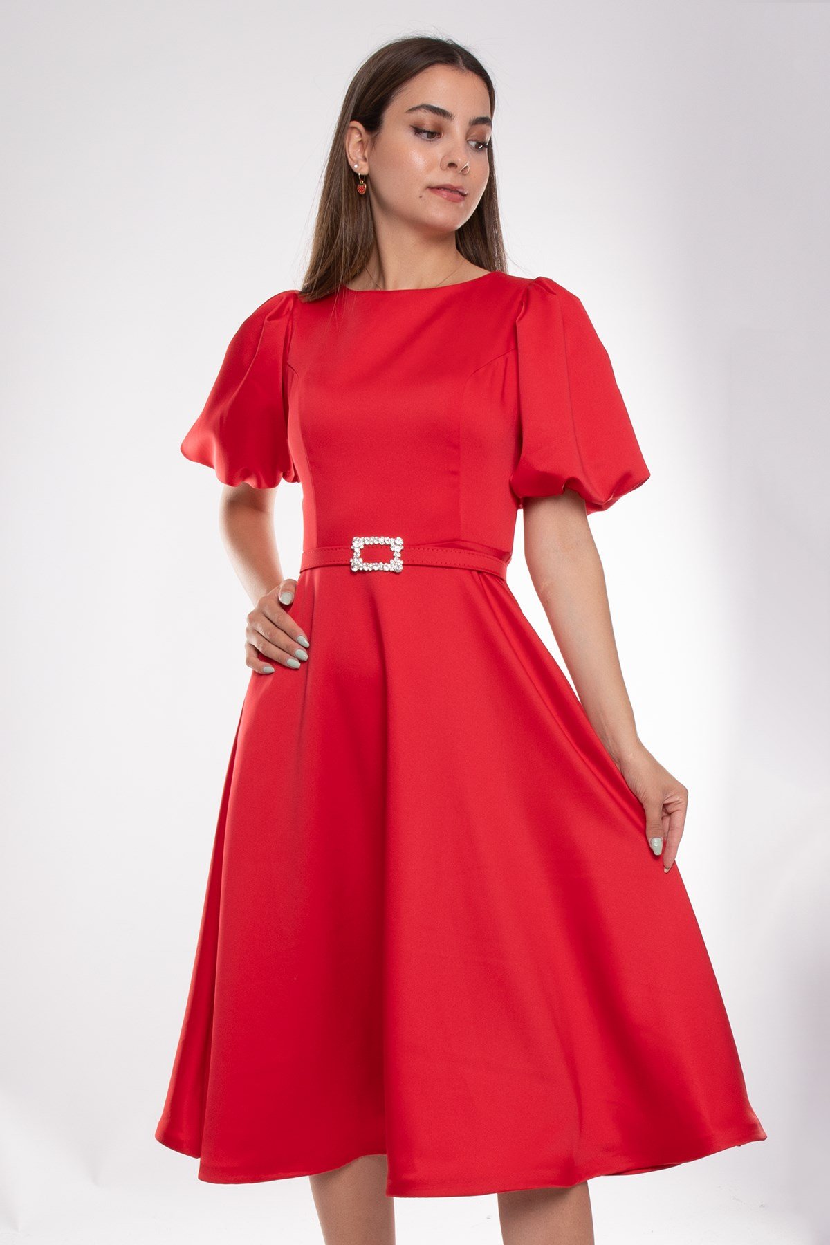 1232 Balon Kol Kloş Etek Kemerli Midiboy Abiye Elbise