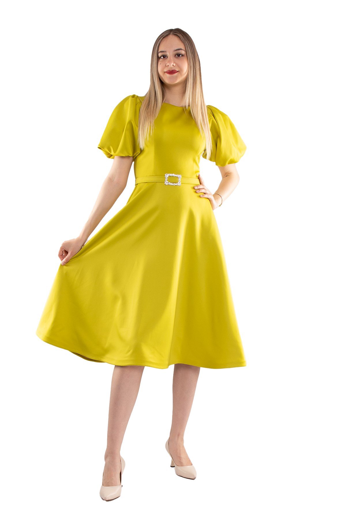 1232 Balon Kol Kloş Etek Kemerli Midiboy Abiye Elbise