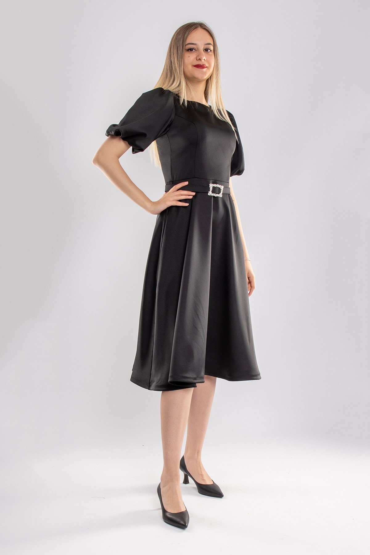 1232 Balon Kol Kloş Etek Kemerli Midiboy Abiye Elbise