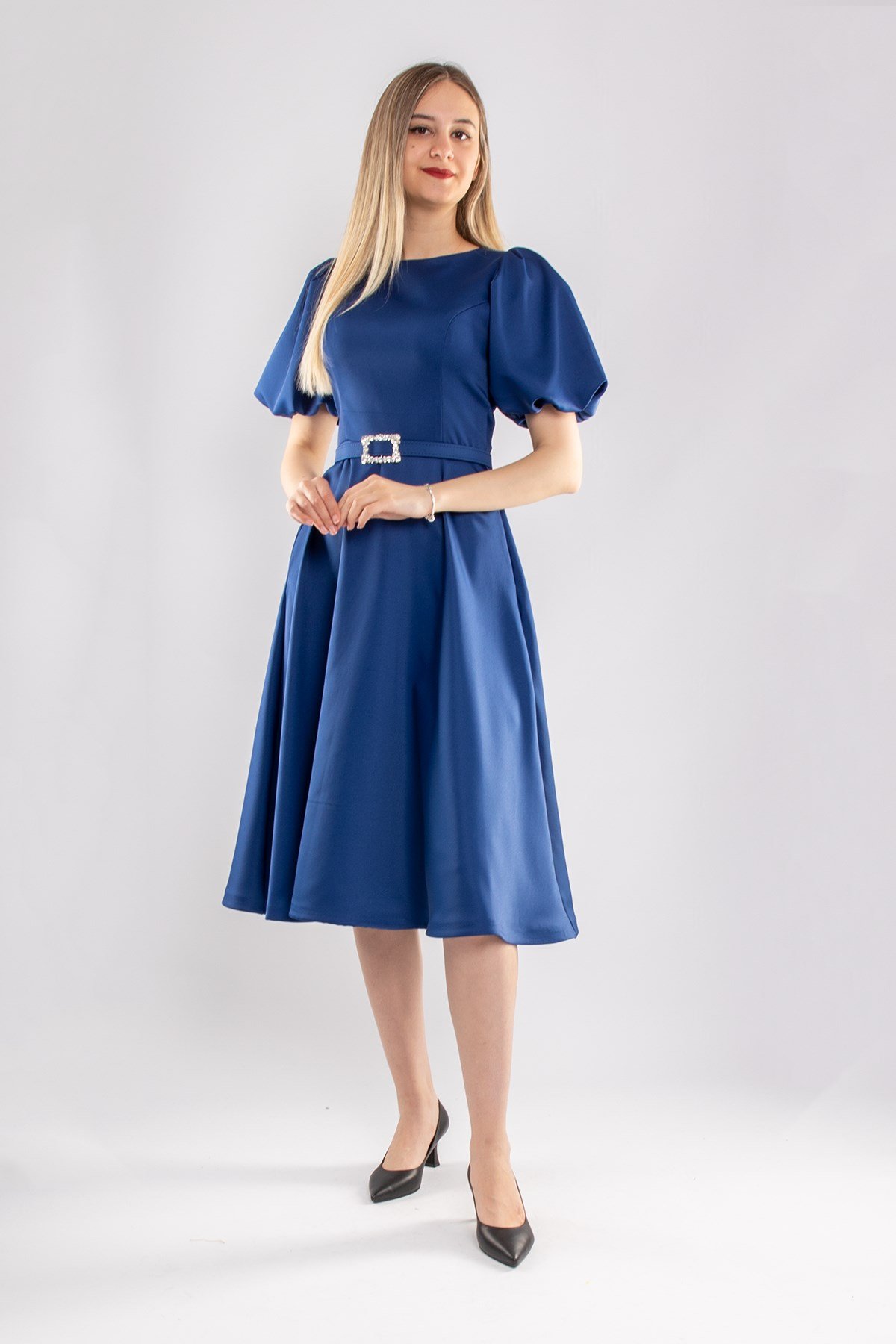 1232 Balon Kol Kloş Etek Kemerli Midiboy Abiye Elbise