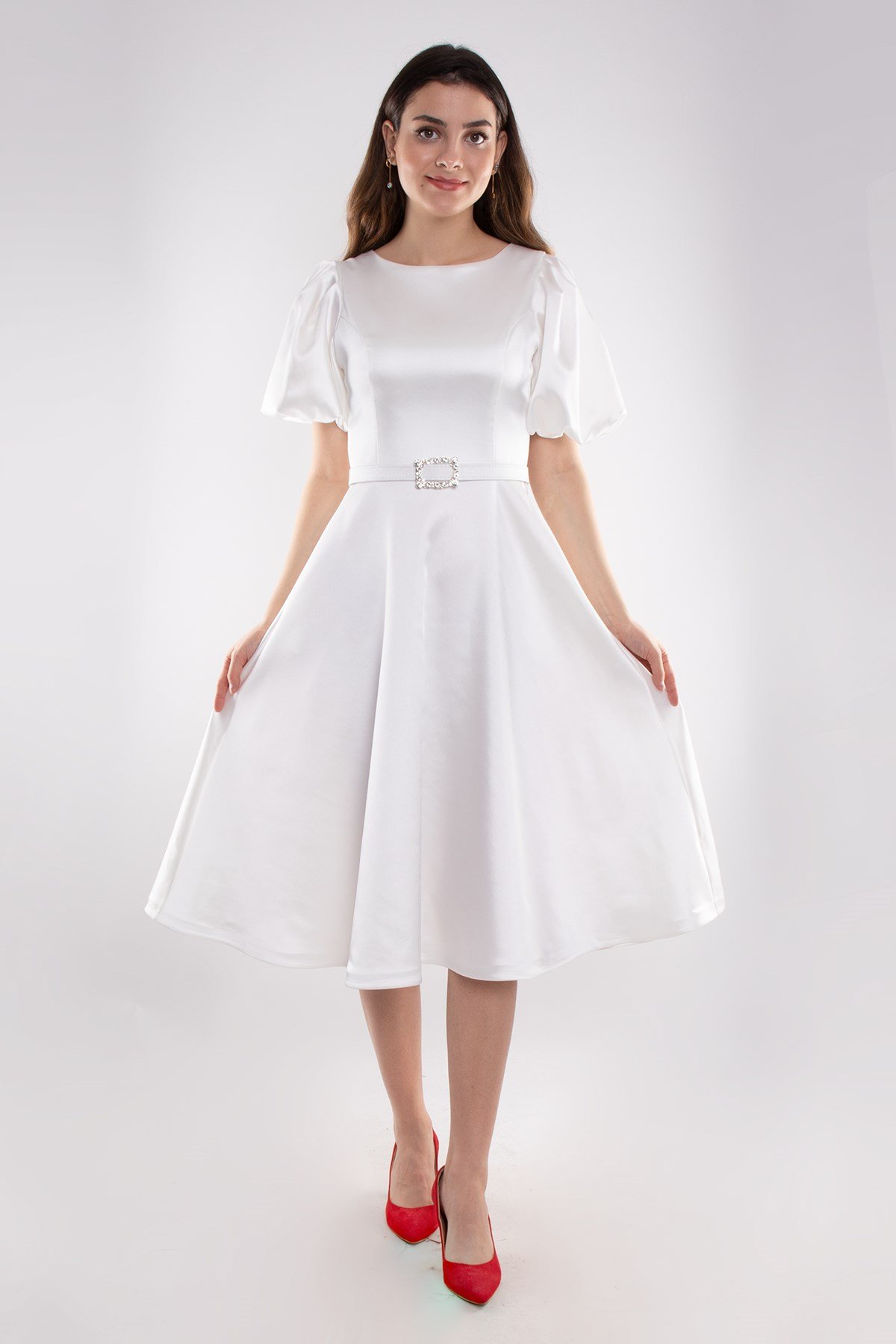 1232 Balon Kol Kloş Etek Kemerli Midiboy Abiye Elbise