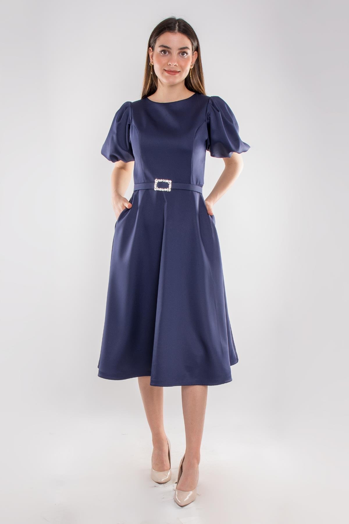 1232 Balon Kol Kloş Etek Kemerli Midiboy Abiye Elbise