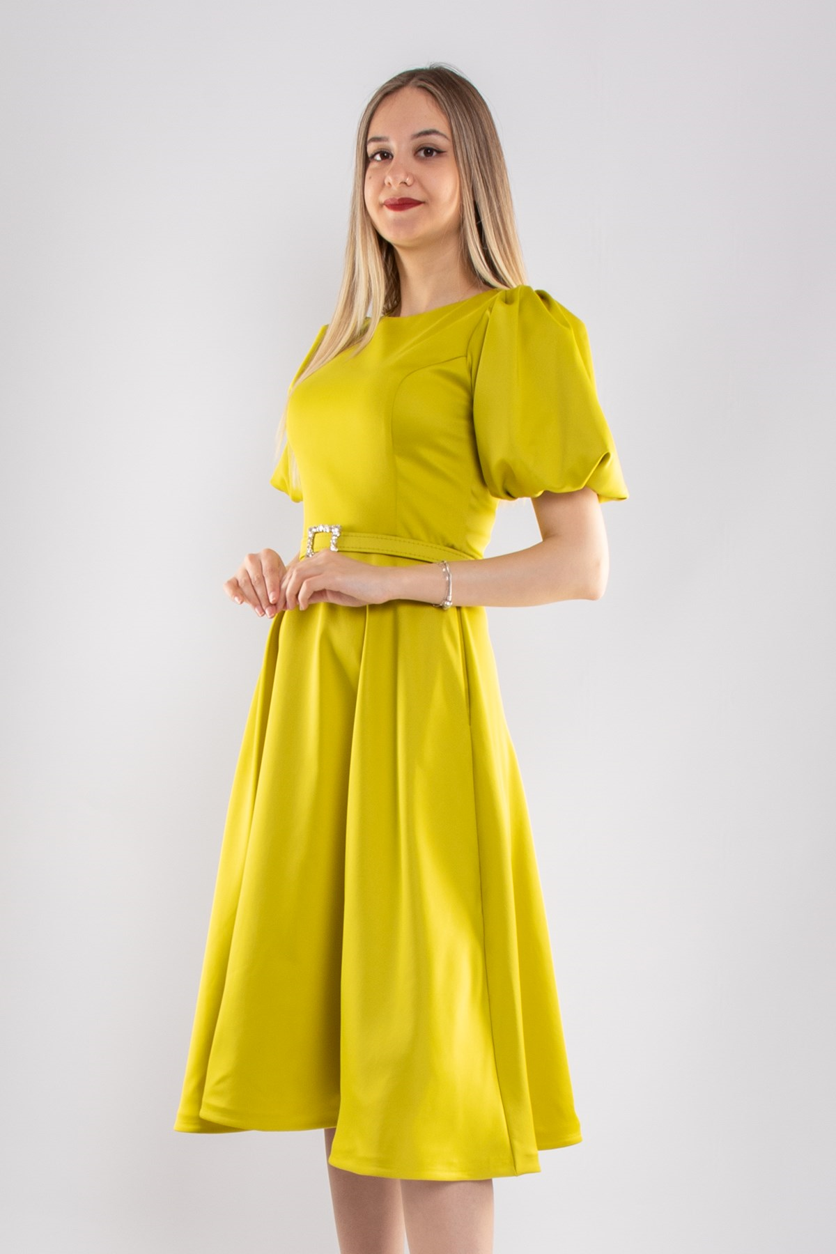 1232 Balon Kol Kloş Etek Kemerli Midiboy Abiye Elbise