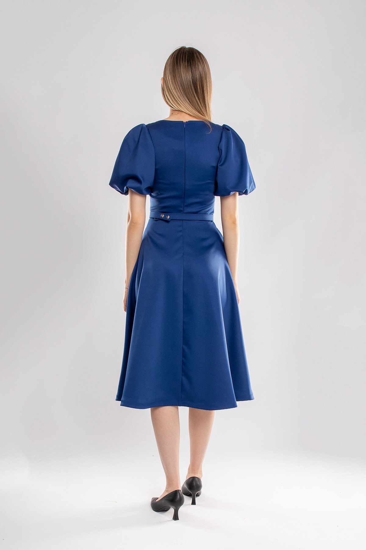 1232 Balon Kol Kloş Etek Kemerli Midiboy Abiye Elbise