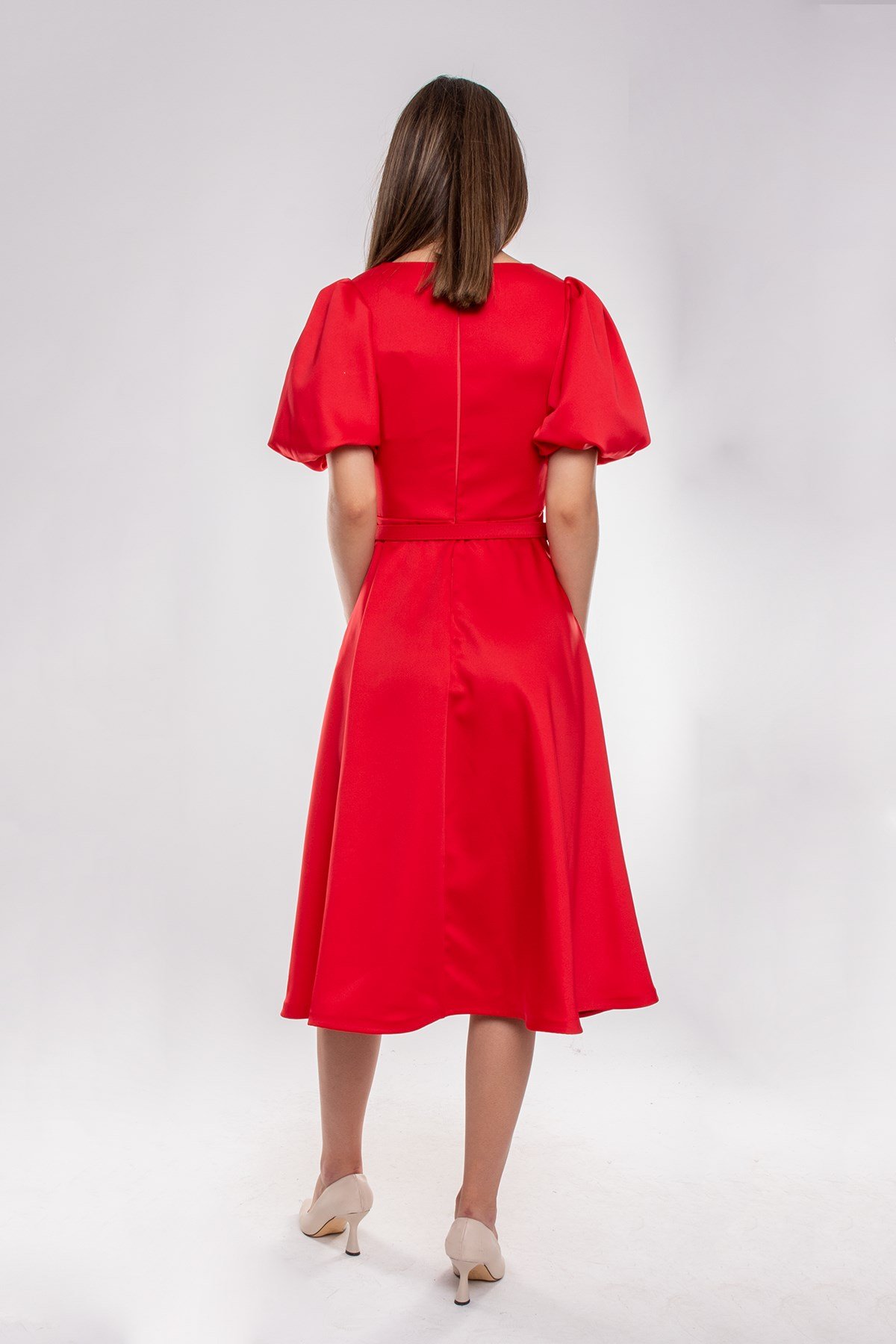 1232 Balon Kol Kloş Etek Kemerli Midiboy Abiye Elbise