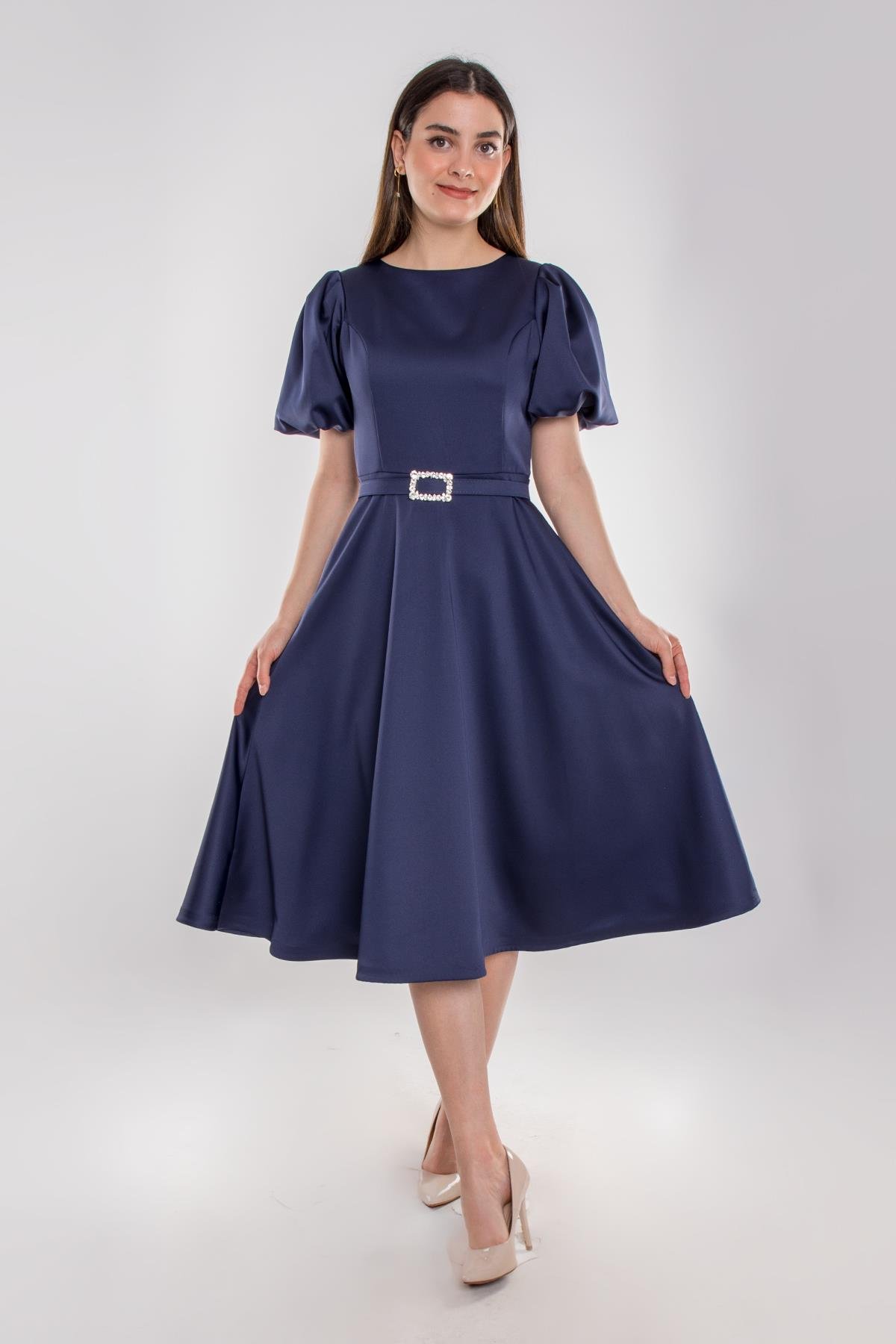 1232 Balon Kol Kloş Etek Kemerli Midiboy Abiye Elbise