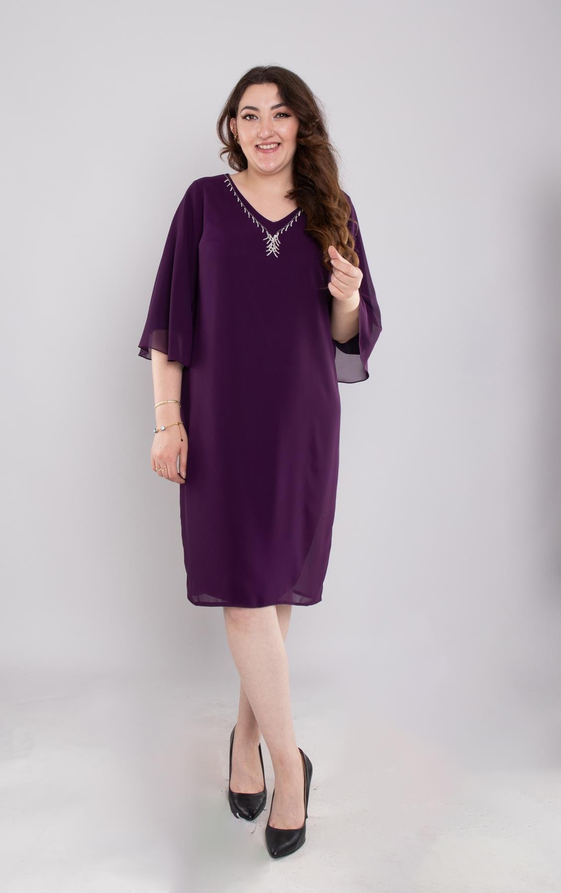 125 Büyük Beden Vyaka Şerit Taş Kolyeli Kısa Şifopn Elbise