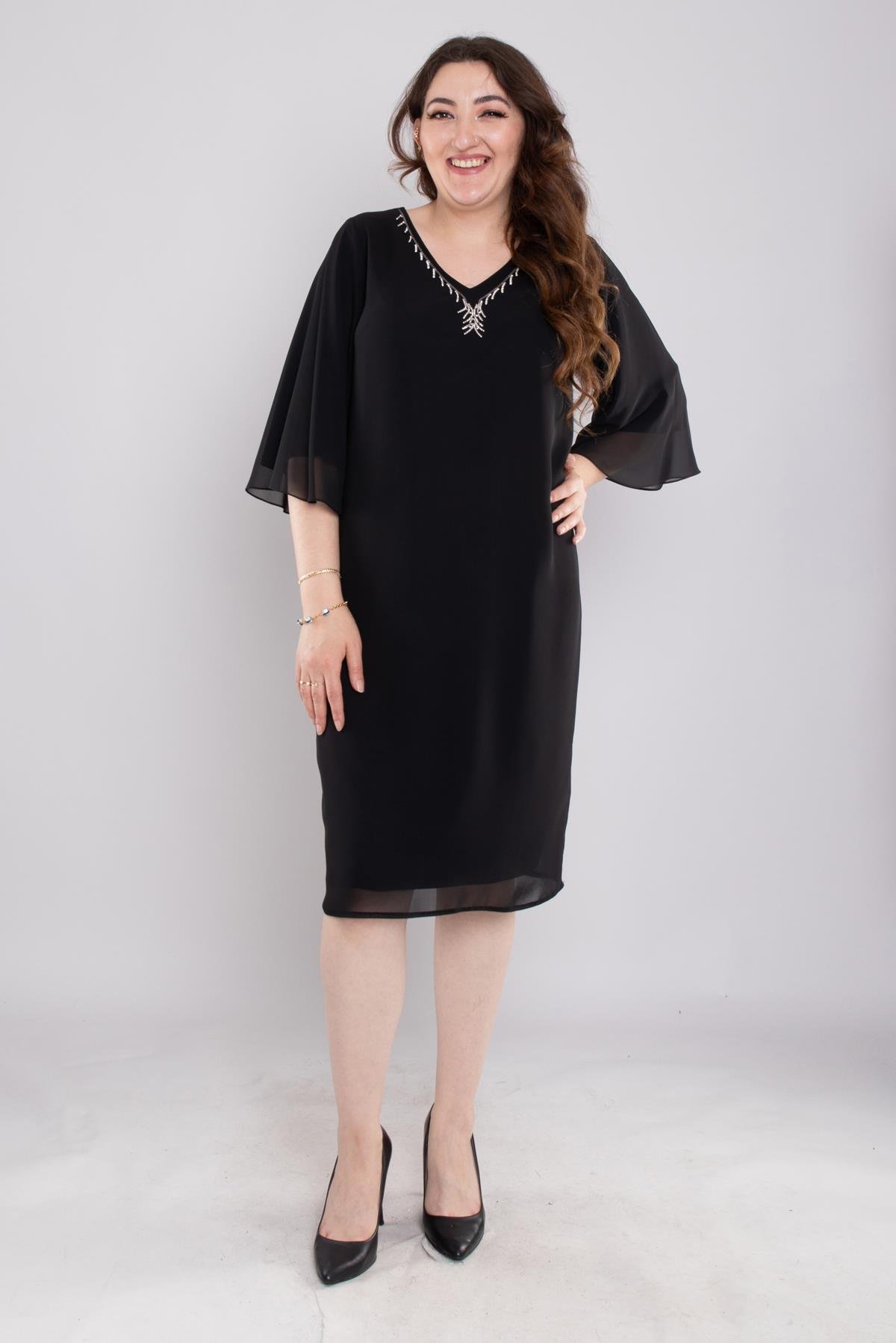 125 Büyük Beden Vyaka Şerit Taş Kolyeli Kısa Şifopn Elbise