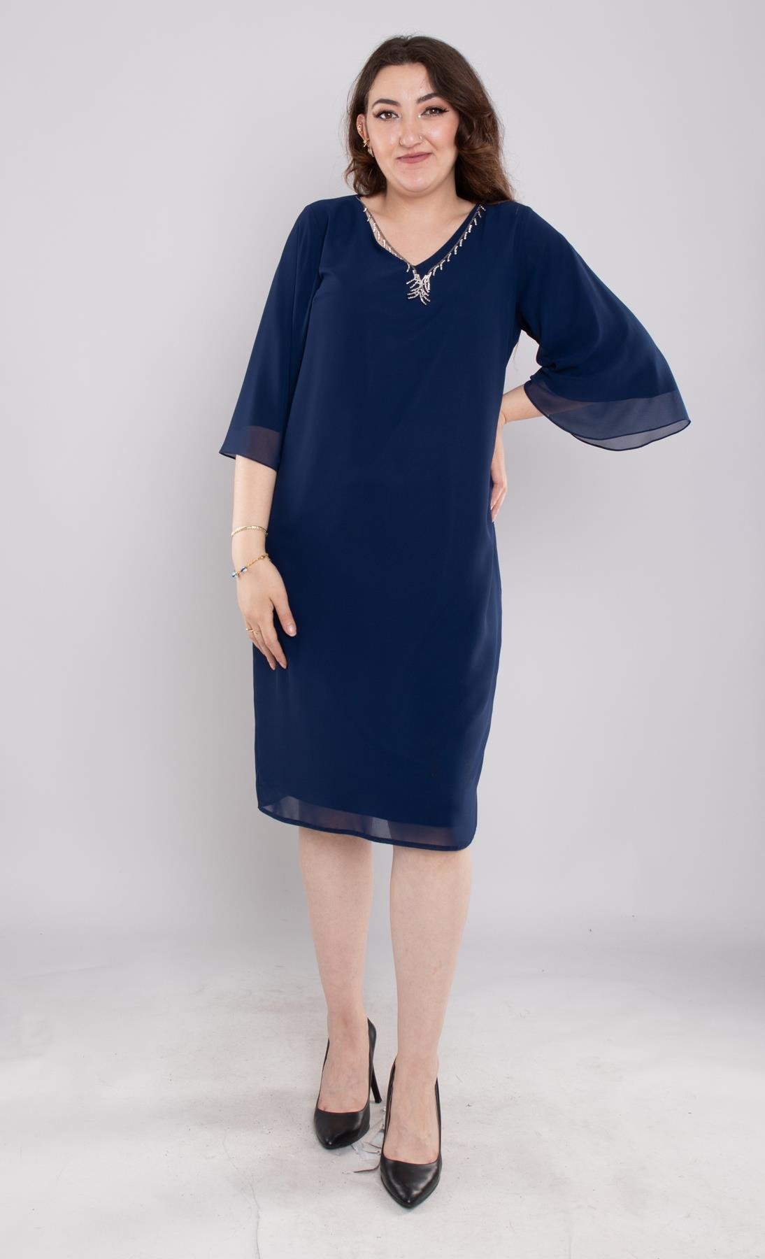 125 Büyük Beden Vyaka Şerit Taş Kolyeli Kısa Şifopn Elbise