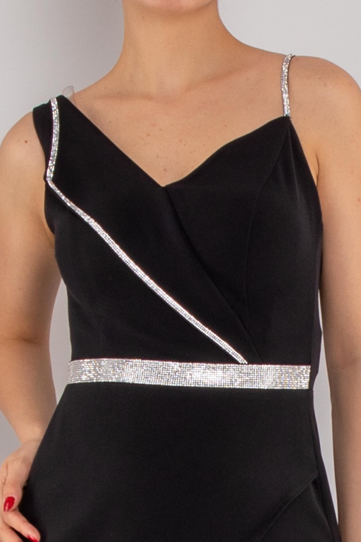 1252 Tek Omuz Zincir Detay Eteği Asimetrik Kısa Krep Elbise