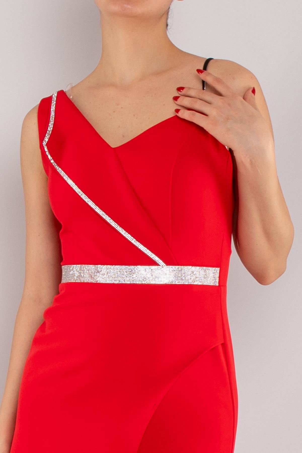 1252 Tek Omuz Zincir Detay Eteği Asimetrik Kısa Krep Elbise