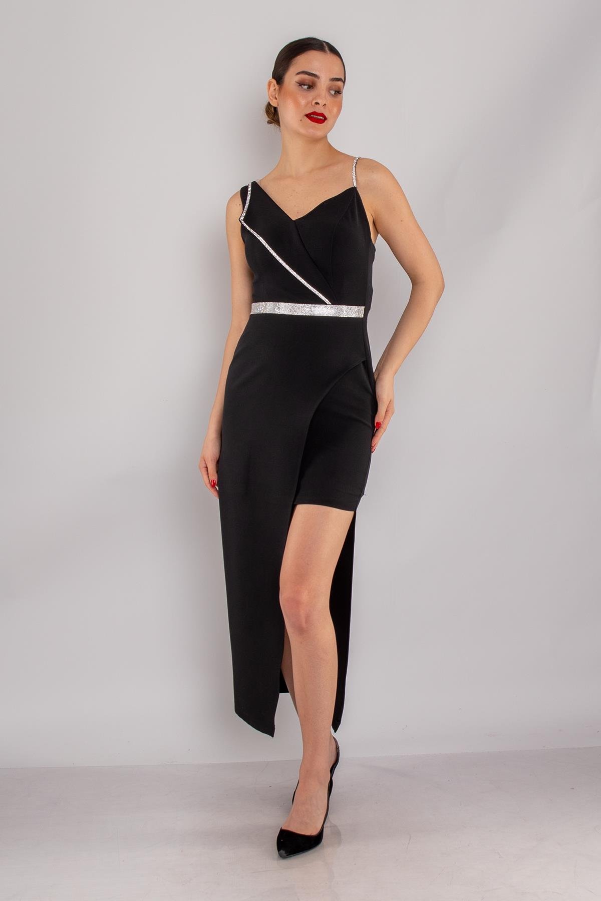 1252 Tek Omuz Zincir Detay Eteği Asimetrik Kısa Krep Elbise