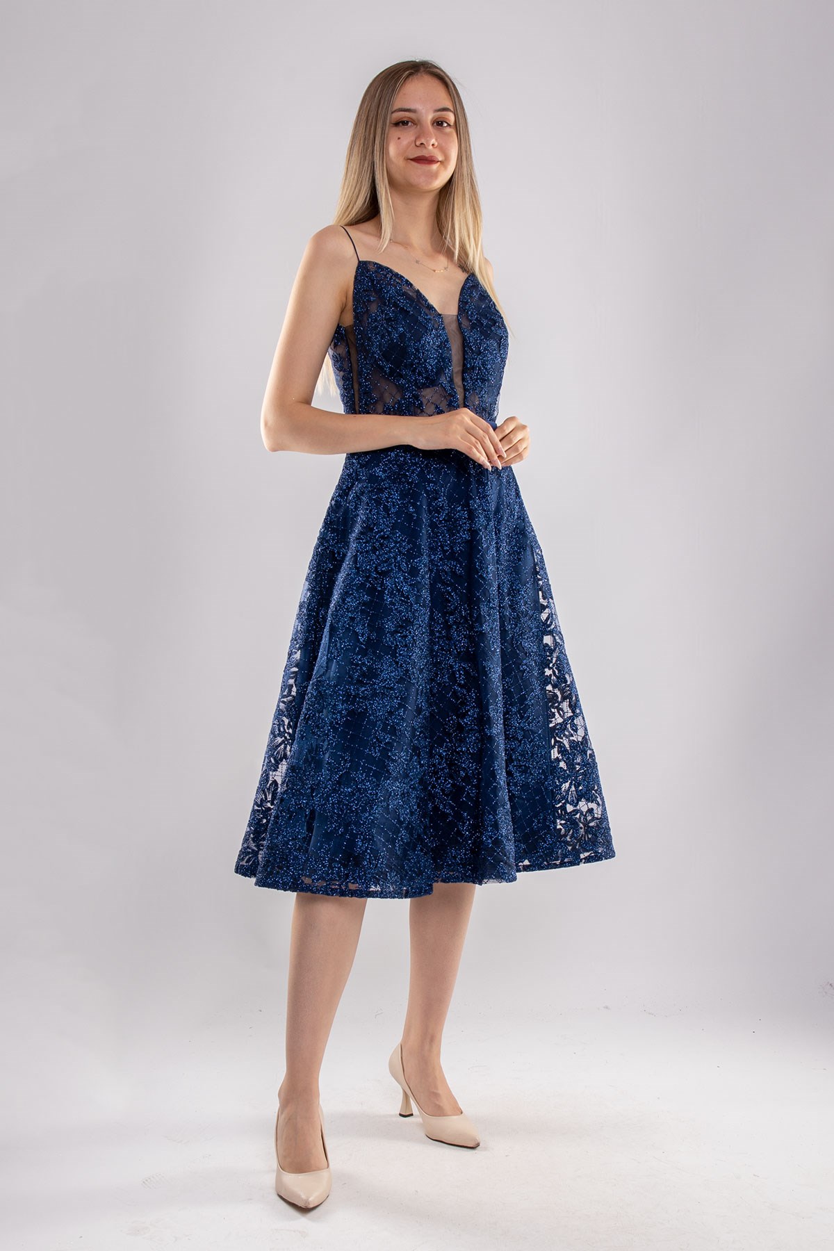 1286 İpAskı Sim Nakışlı Transparan Çan Etek Midiboy Elbise