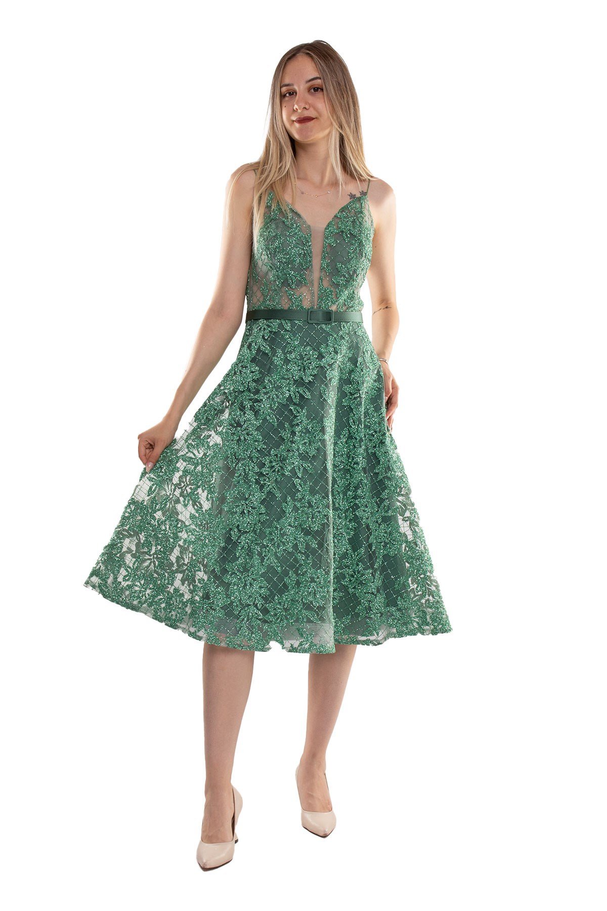 1286 İpAskı Sim Nakışlı Transparan Çan Etek Midiboy Elbise