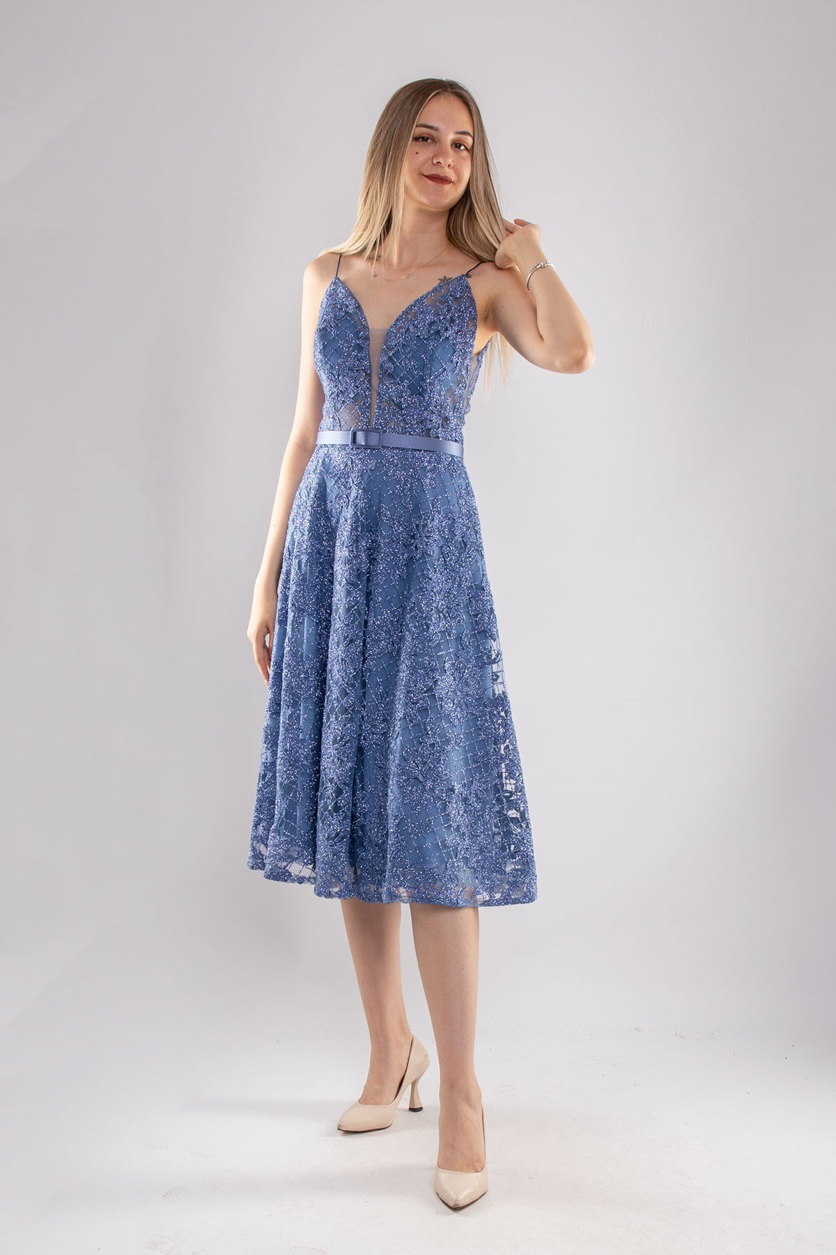 1286 İpAskı Sim Nakışlı Transparan Çan Etek Midiboy Elbise