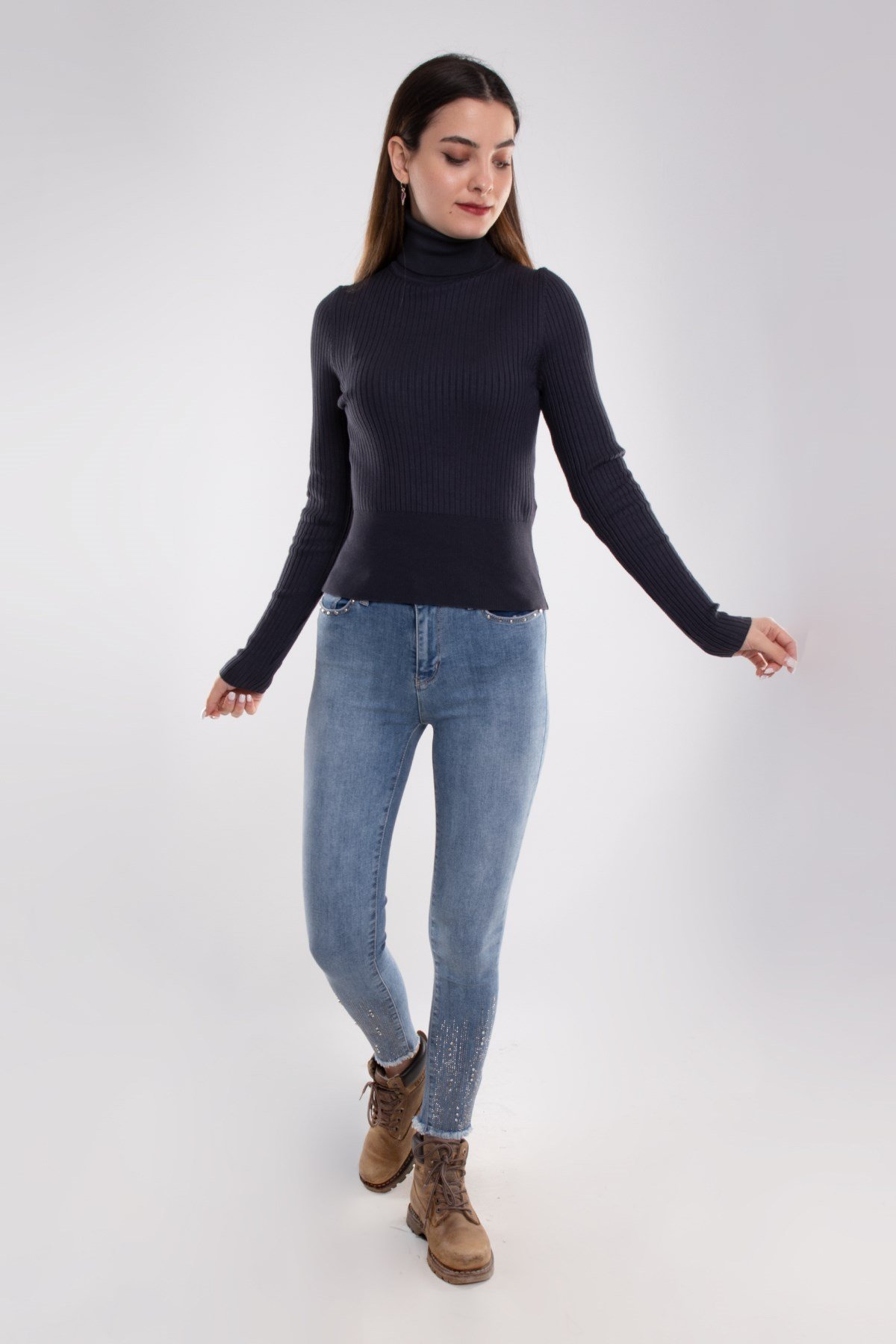 1297 Balıkçı Yaka Fitilli Basic Kadın Kazak