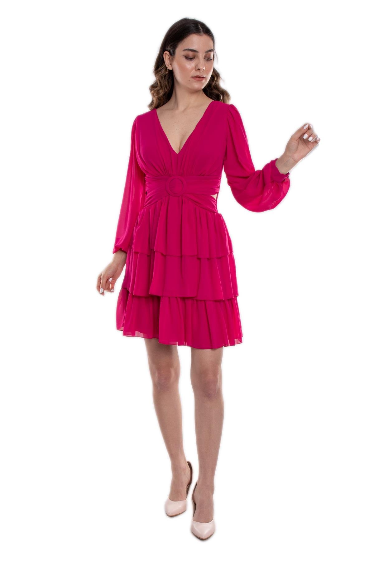 1298 Beli Çapraz Tokalı Sırtı İpli Uzun Kollu Kısa Şifon Elbise