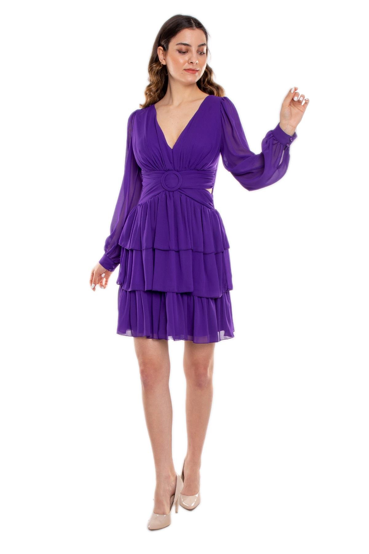 1298 Beli Çapraz Tokalı Sırtı İpli Uzun Kollu Kısa Şifon Elbise