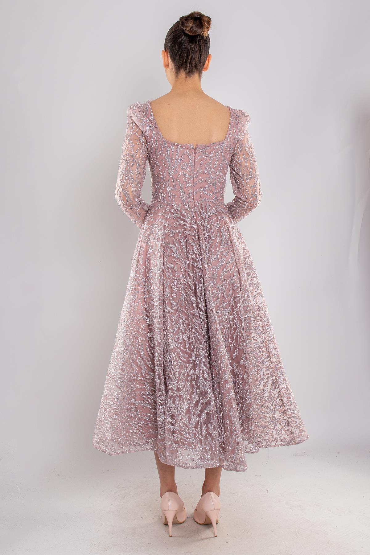 1299 Kare Yaka Uzunkol Simli Eteği Valon Midiboy Elbise