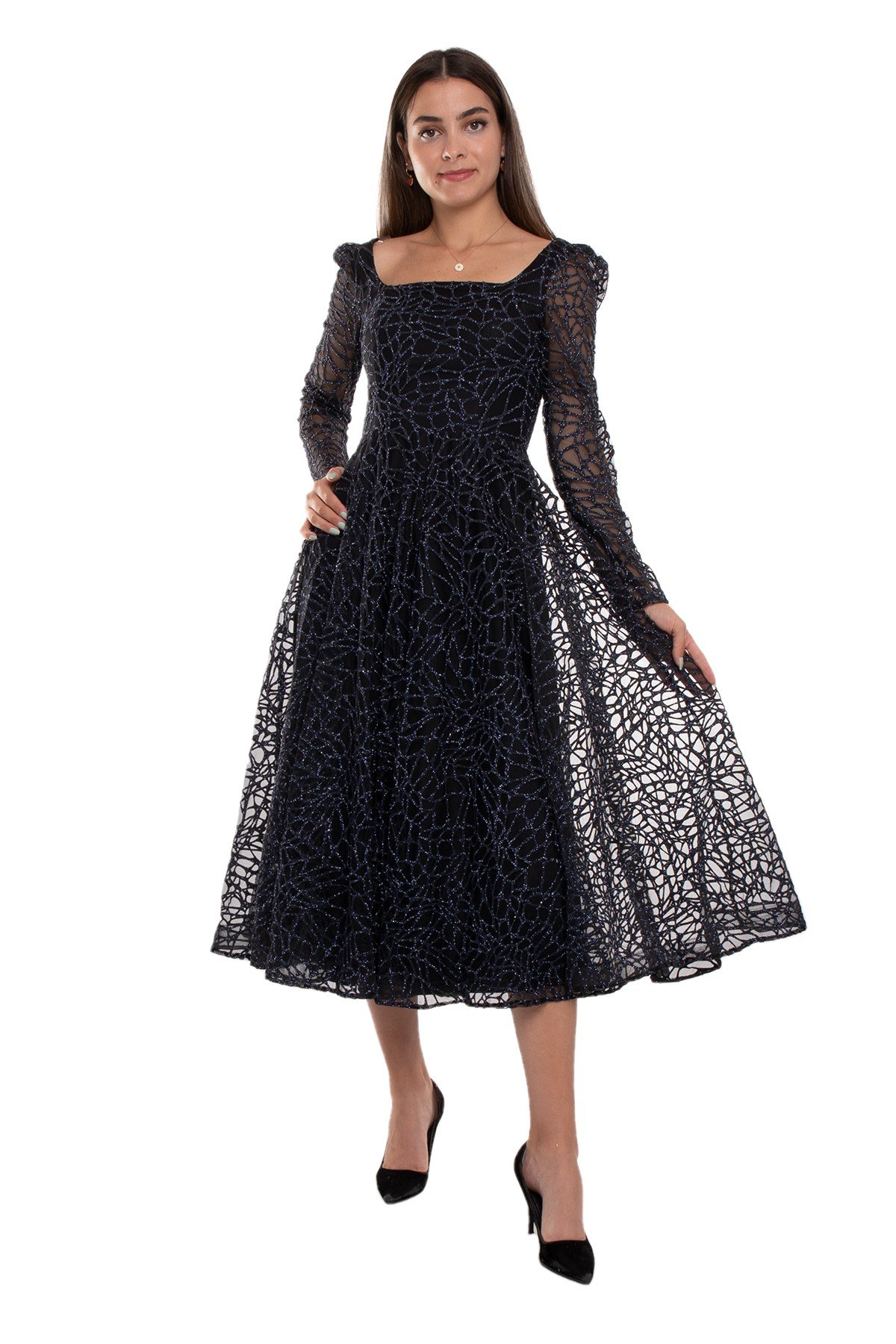 1299 Kare Yaka Uzunkol Simli Eteği Valon Midiboy Elbise