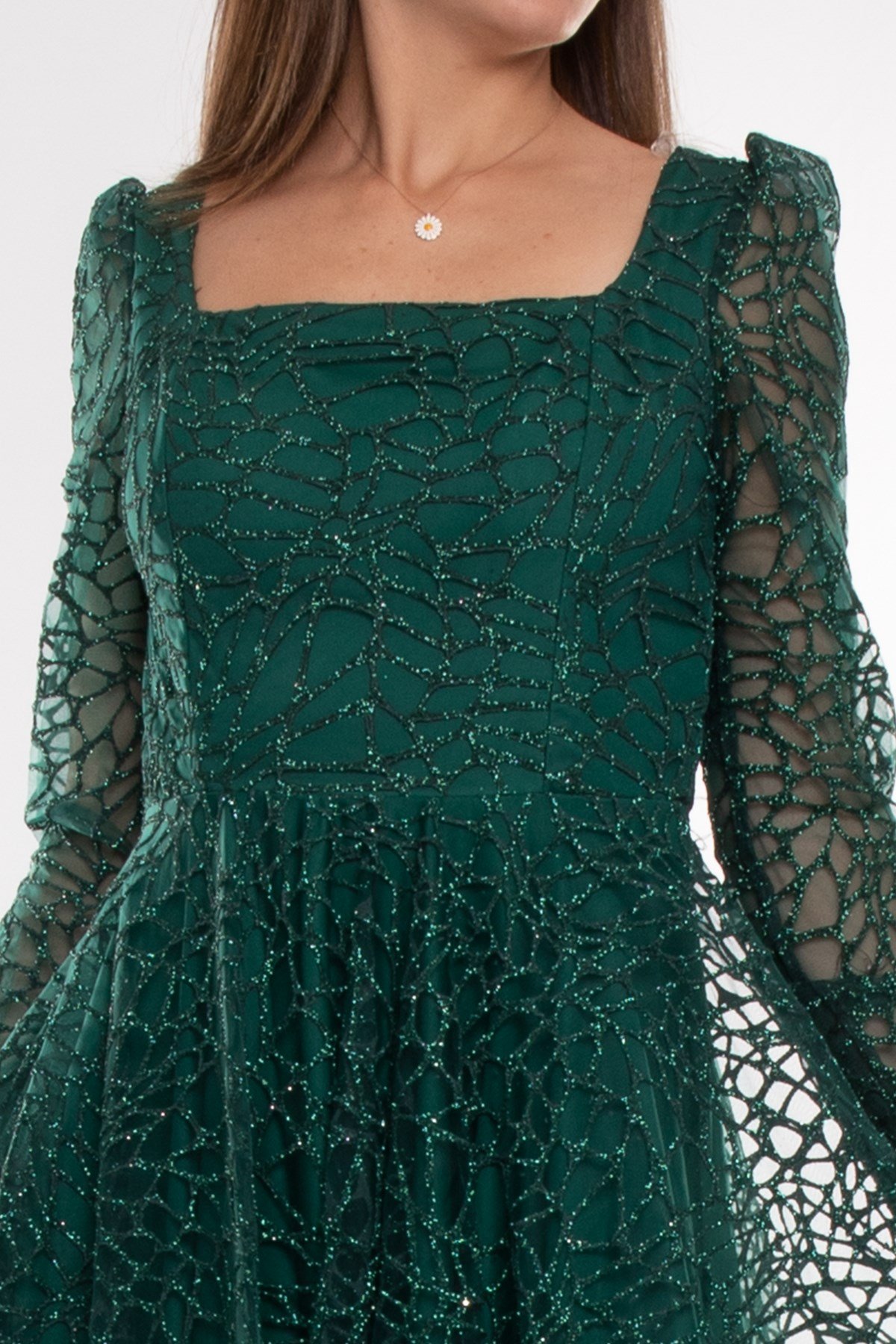 1299 Kare Yaka Uzunkol Simli Eteği Valon Midiboy Elbise