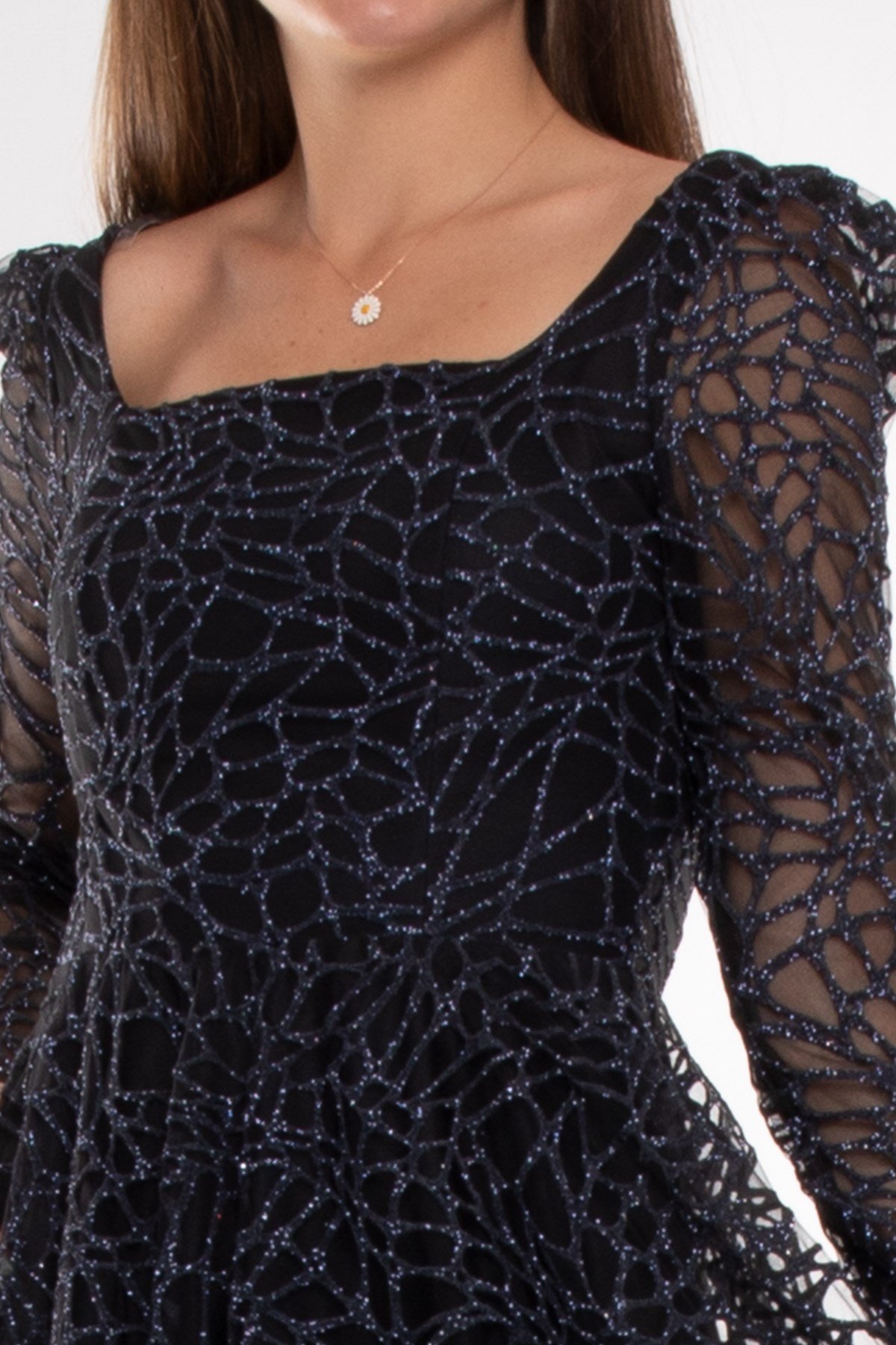 1299 Kare Yaka Uzunkol Simli Eteği Valon Midiboy Elbise