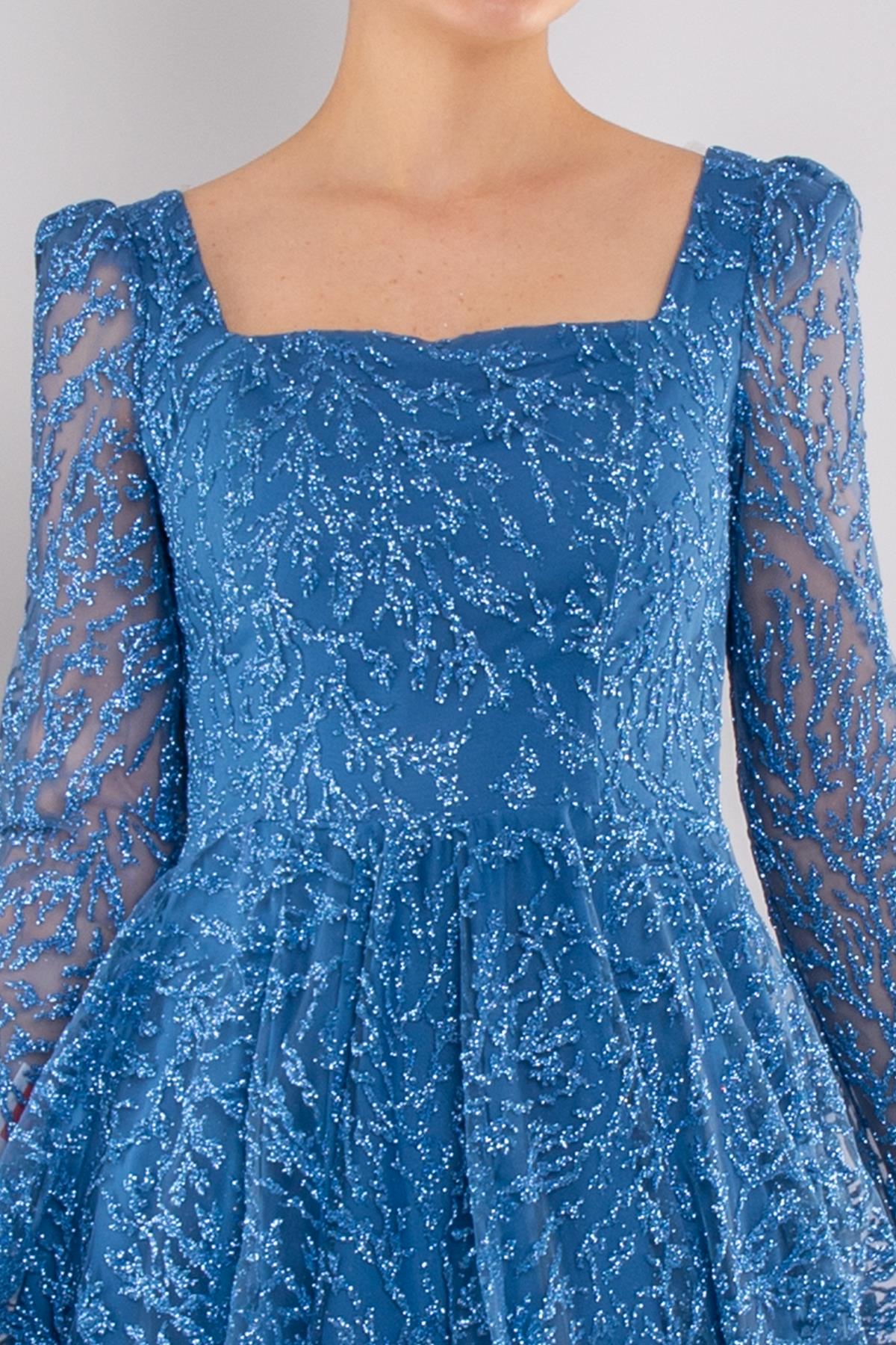 1299 Kare Yaka Uzunkol Simli Eteği Valon Midiboy Elbise